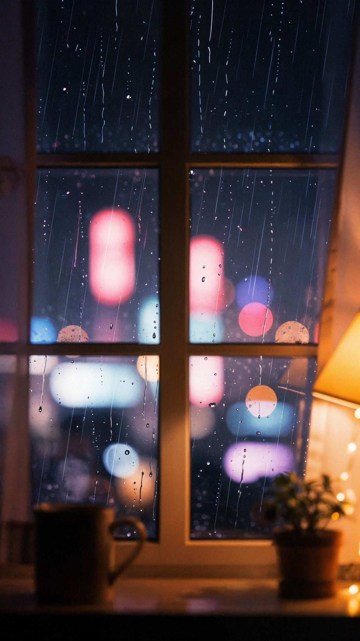 Cozy anime-style phone wallpaper: rainy window with bokeh city lights, warm desk lamp, mug and plant on a study desk.