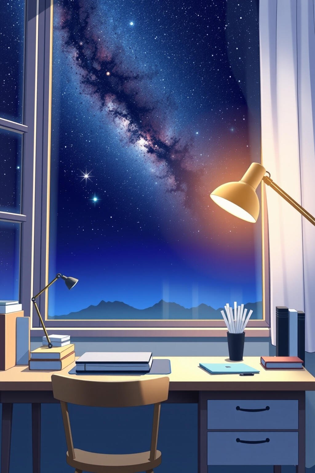 Cozy anime phone wallpaper of a desk by a window, with a glowing lamp and a starry night sky filled with the Milky Way.