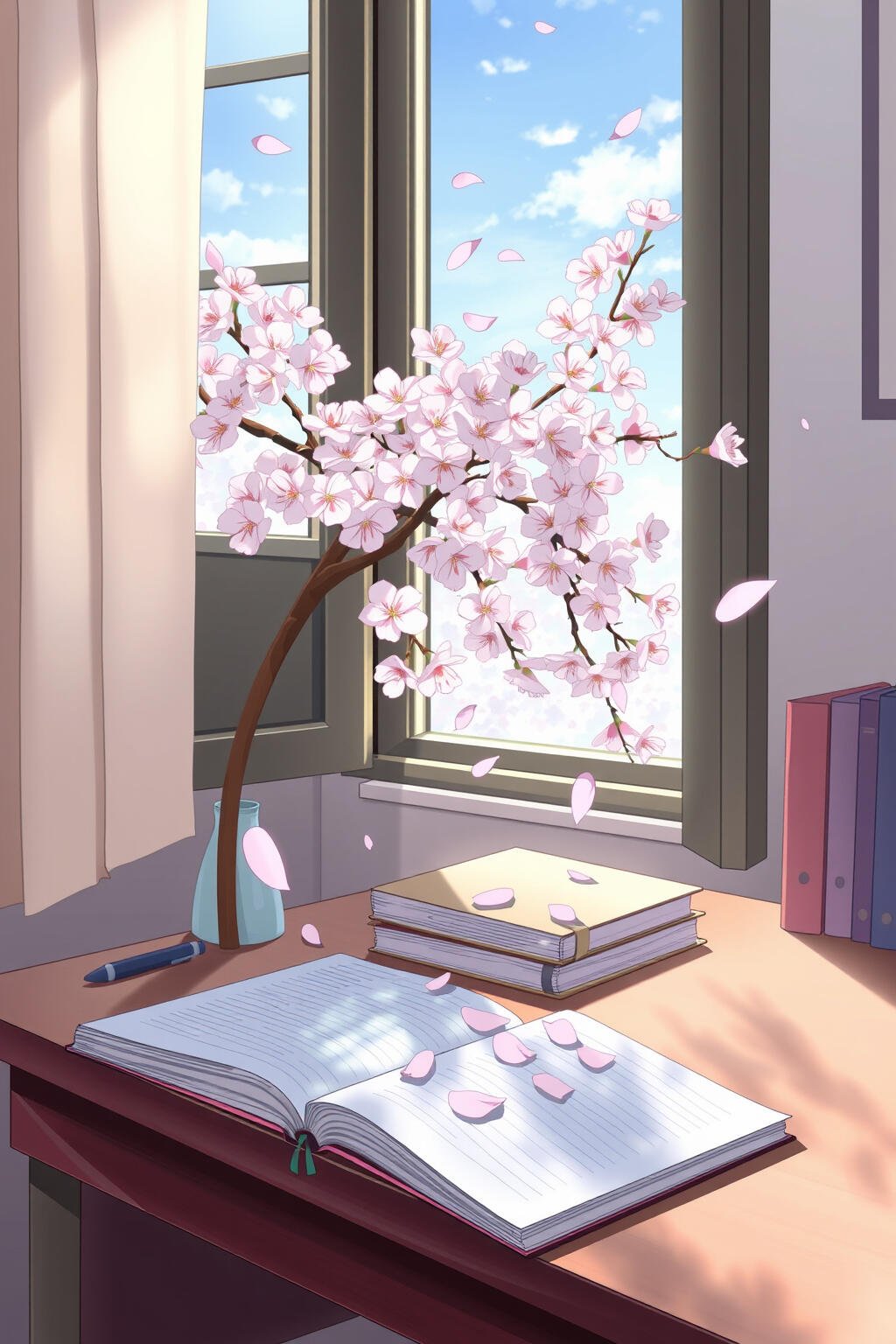 Cozy anime iPhone wallpaper with sakura blossoms drifting past a sunlit window on a breezy spring day.