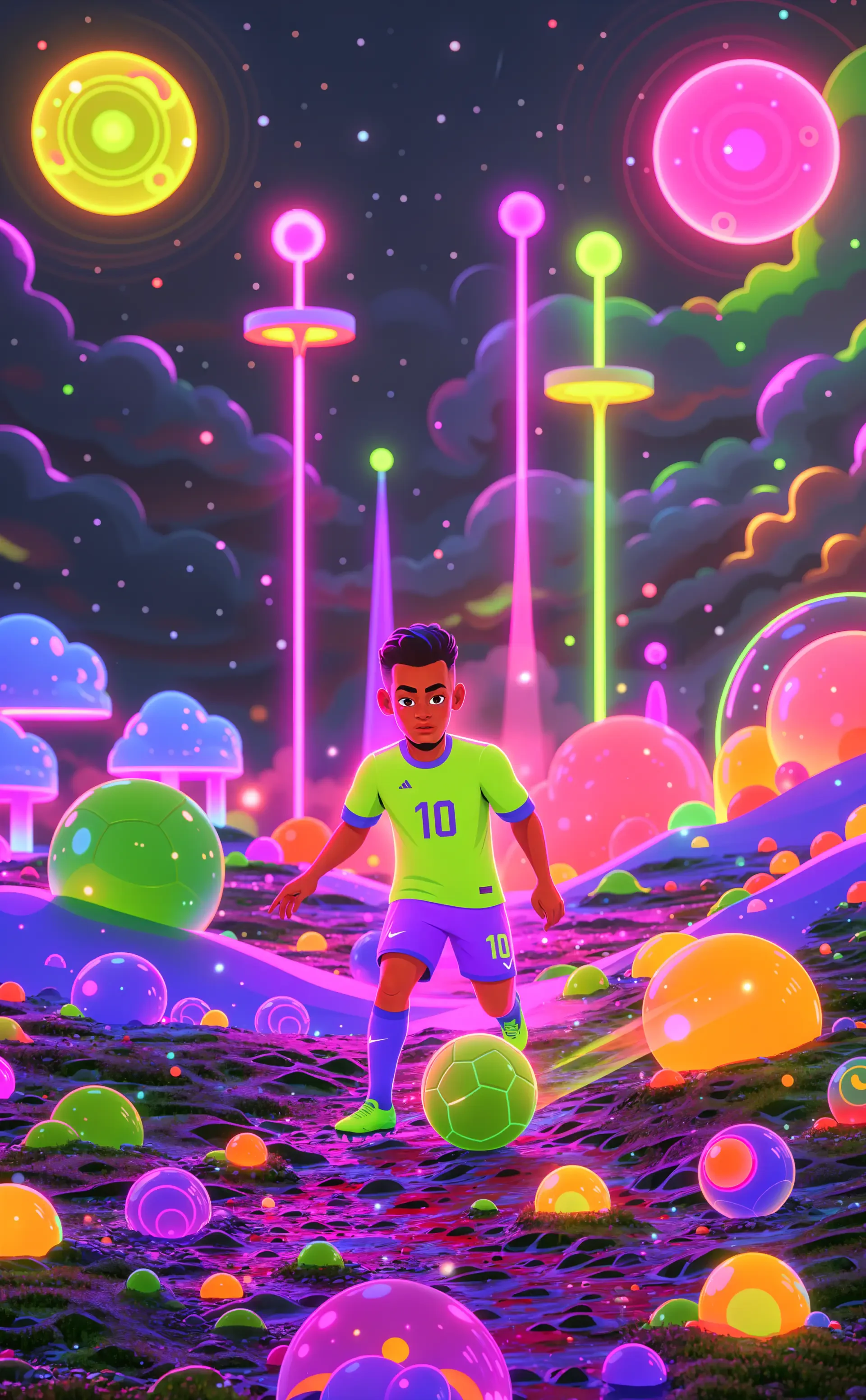 Colorful cartoon Neymar in a Brazil soccer jersey dribbling a soccer ball through a neon fantasy landscape, phone wallpaper.