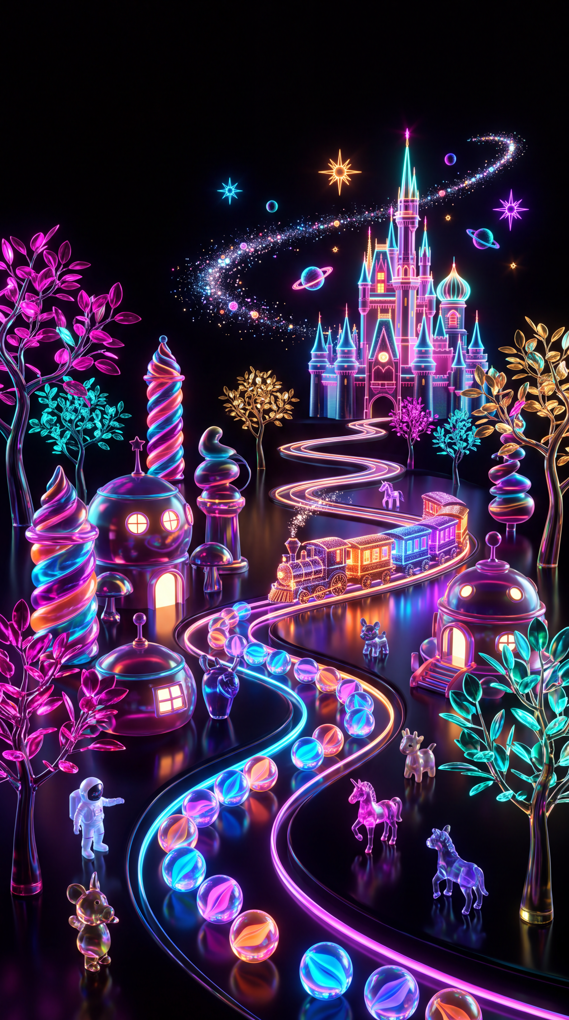 Neon castle and glowing train winding through a fantasy landscape, designed as an OLED iPhone wallpaper.