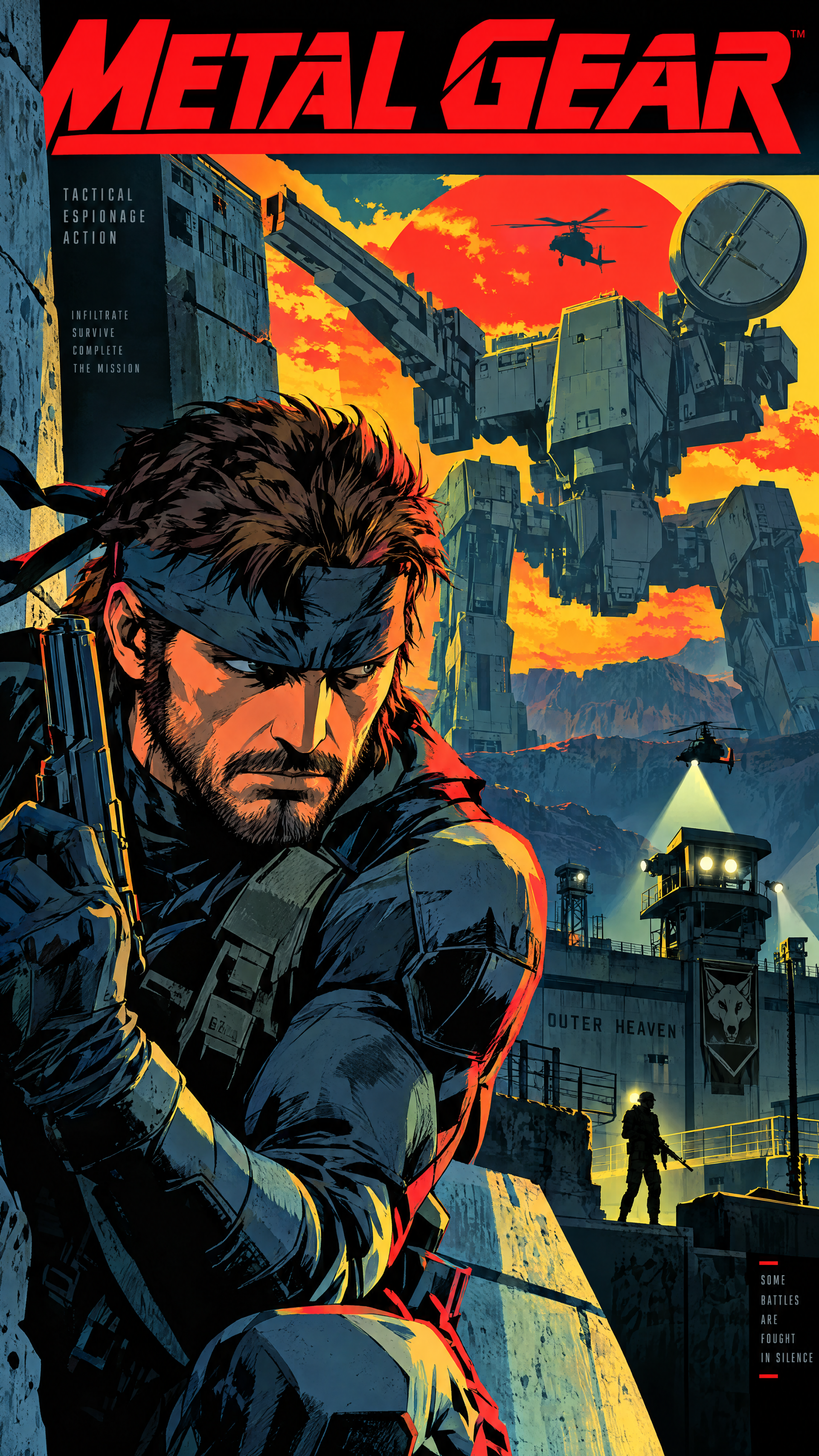 Metal Gear video game poster featuring Solid Snake against a fiery military base, designed as a vertical iPhone wallpaper.
