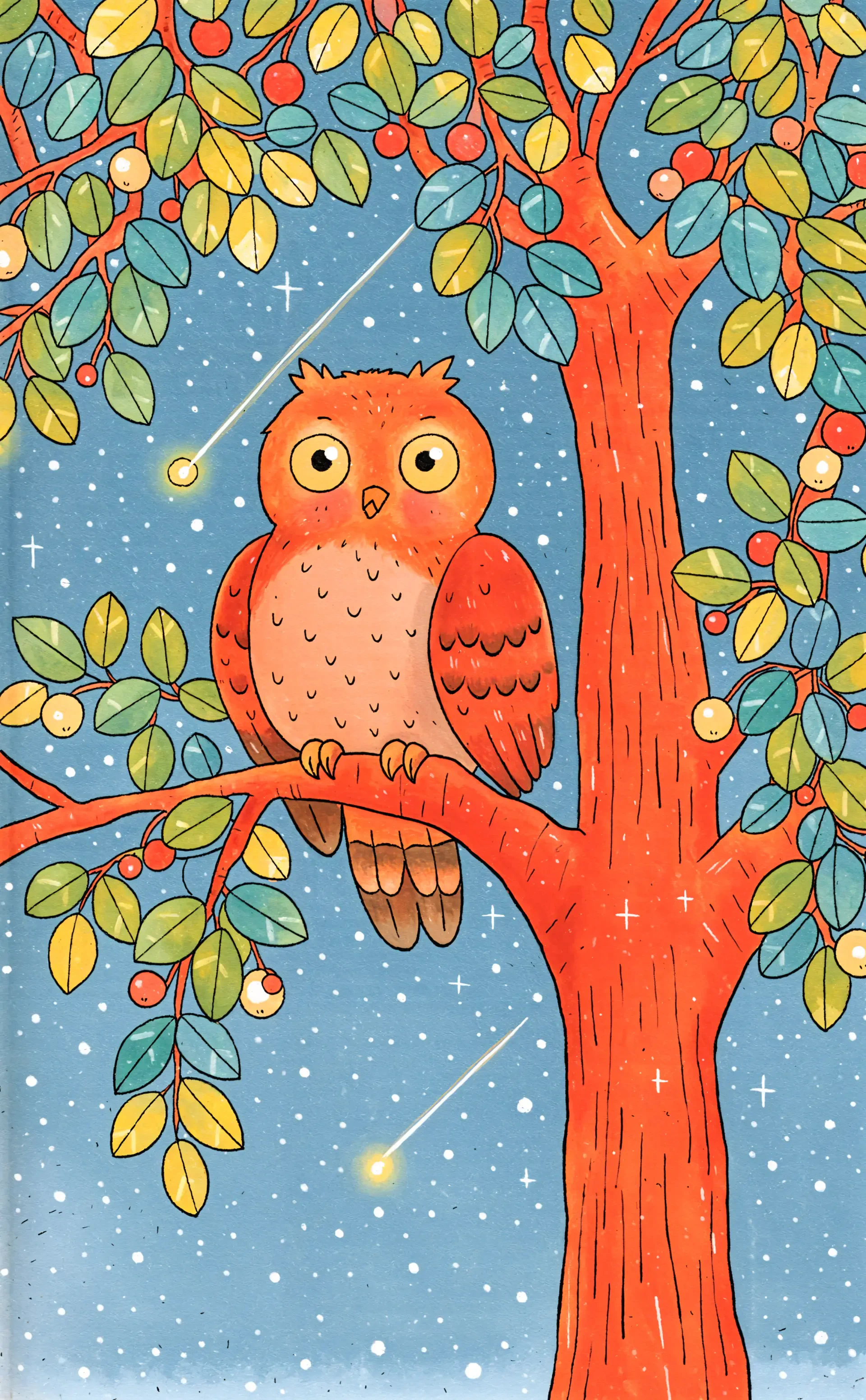 Cute orange owlet perched in a colorful tree beneath falling stars, illustrated iPhone wallpaper.