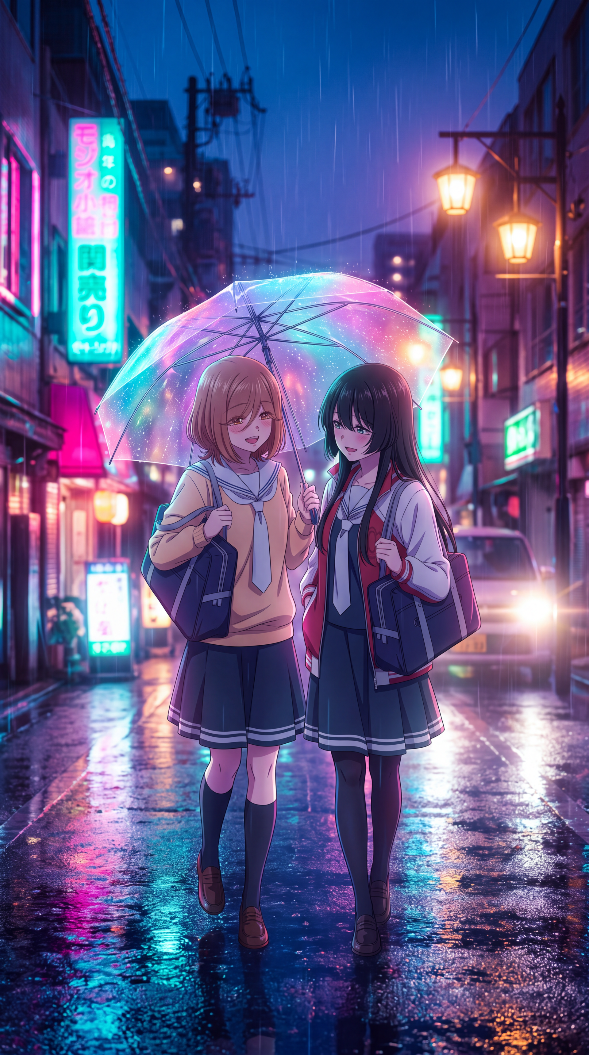 Anime iPhone wallpaper of Saki Kindaichi and Kanon Oikawa sharing an umbrella on a neon-lit rainy night, from The Moon on a Rainy Night.