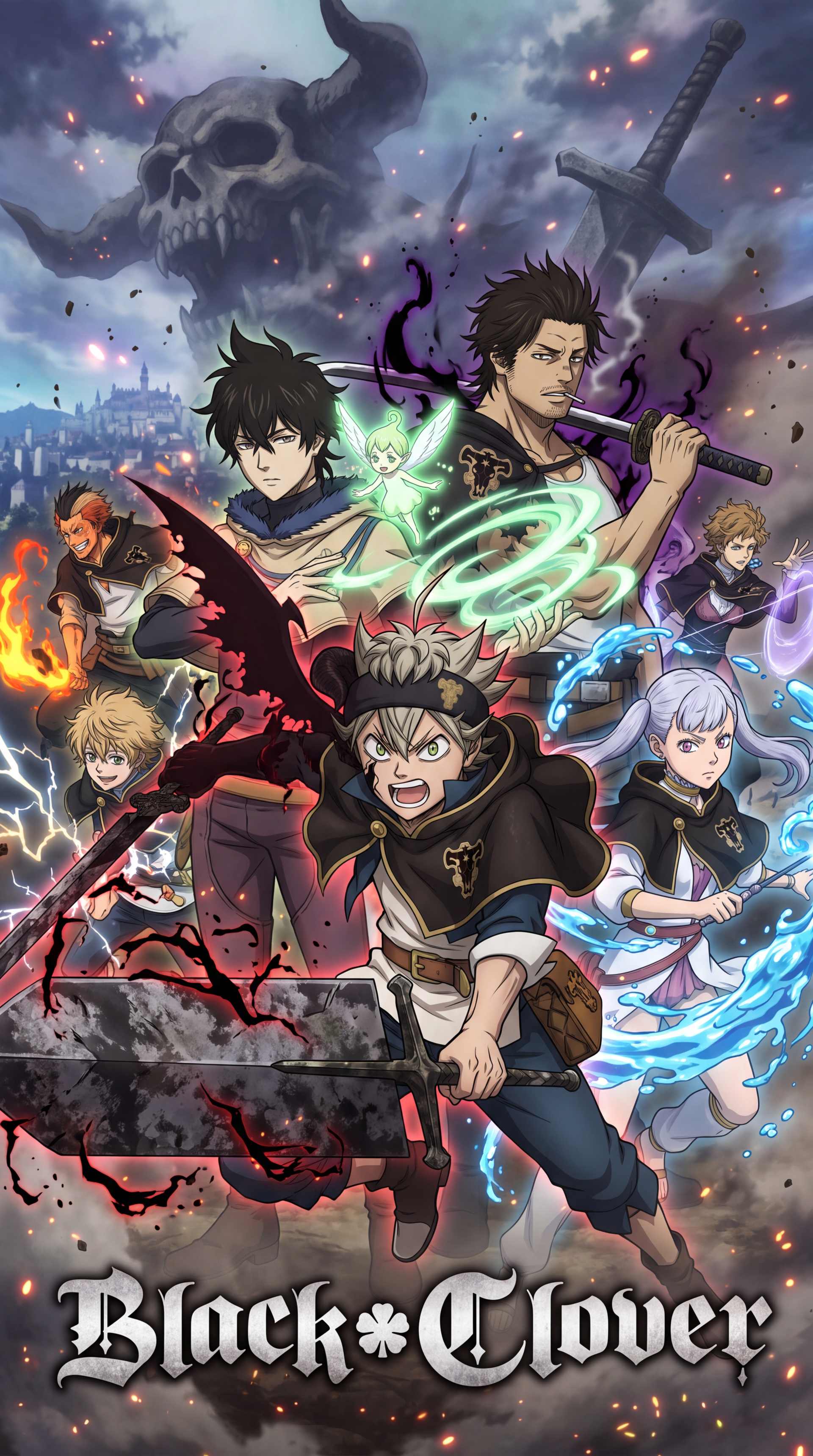 Black Clover anime iPhone wallpaper featuring Asta and fellow Magic Knights battling amid glowing elemental magic and a massive skull in the stormy sky.