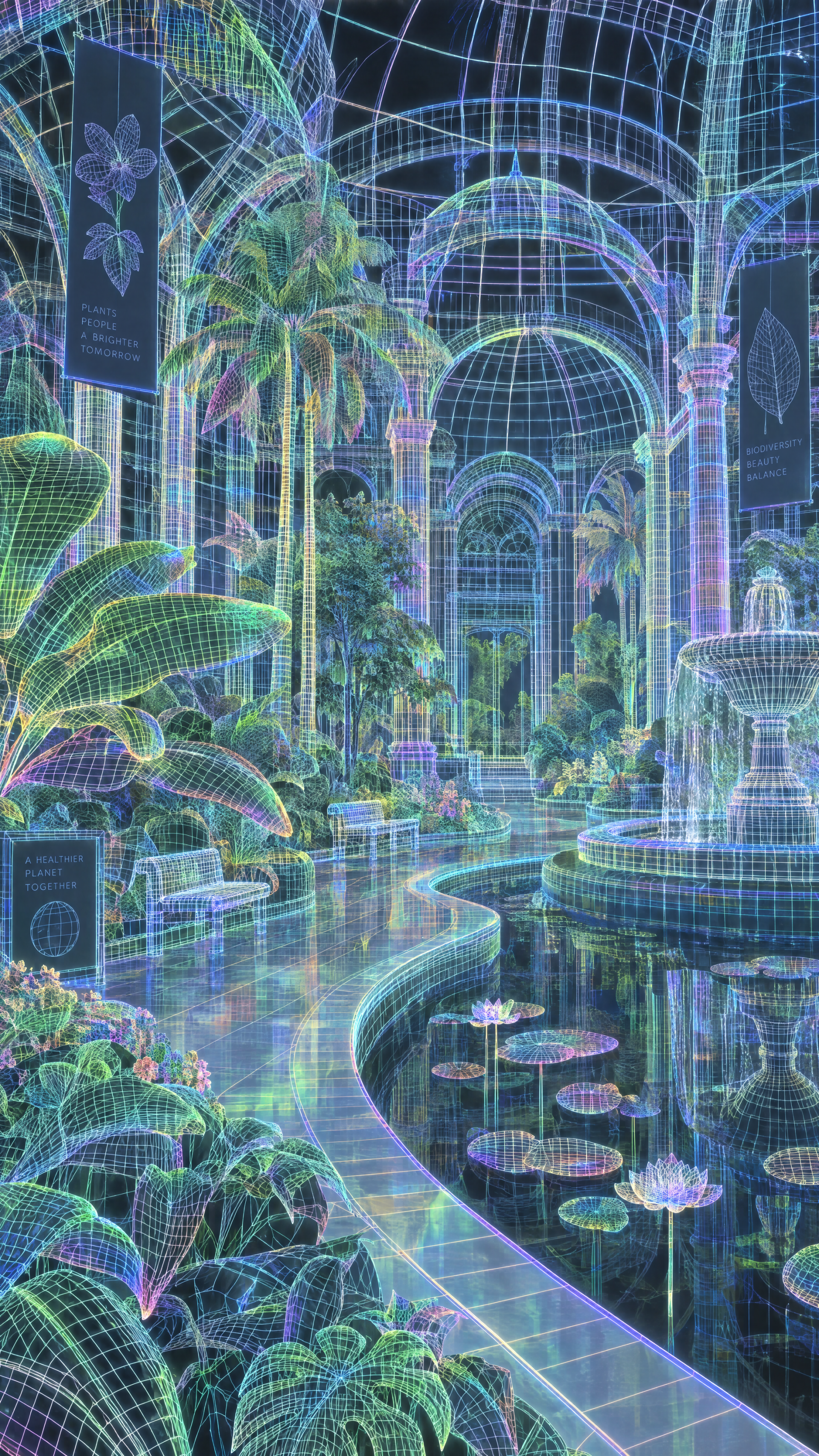 Neon wireframe greenhouse with lush tropical plants, a fountain, and lily pond, botanical garden iPhone wallpaper