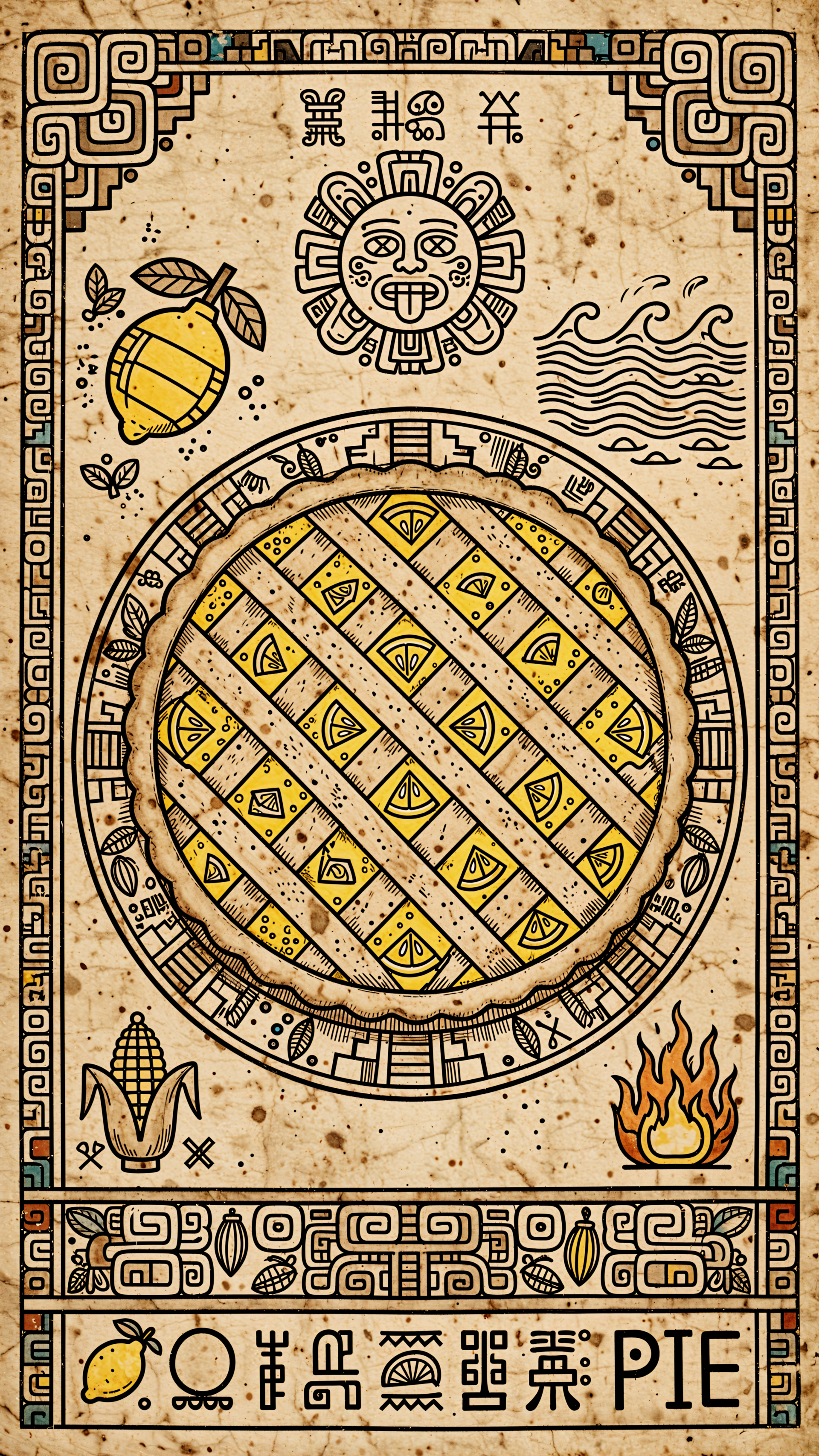 Ancient-inspired lemon pie illustration with citrus, sun, and decorative symbols on a parchment-style iPhone wallpaper.