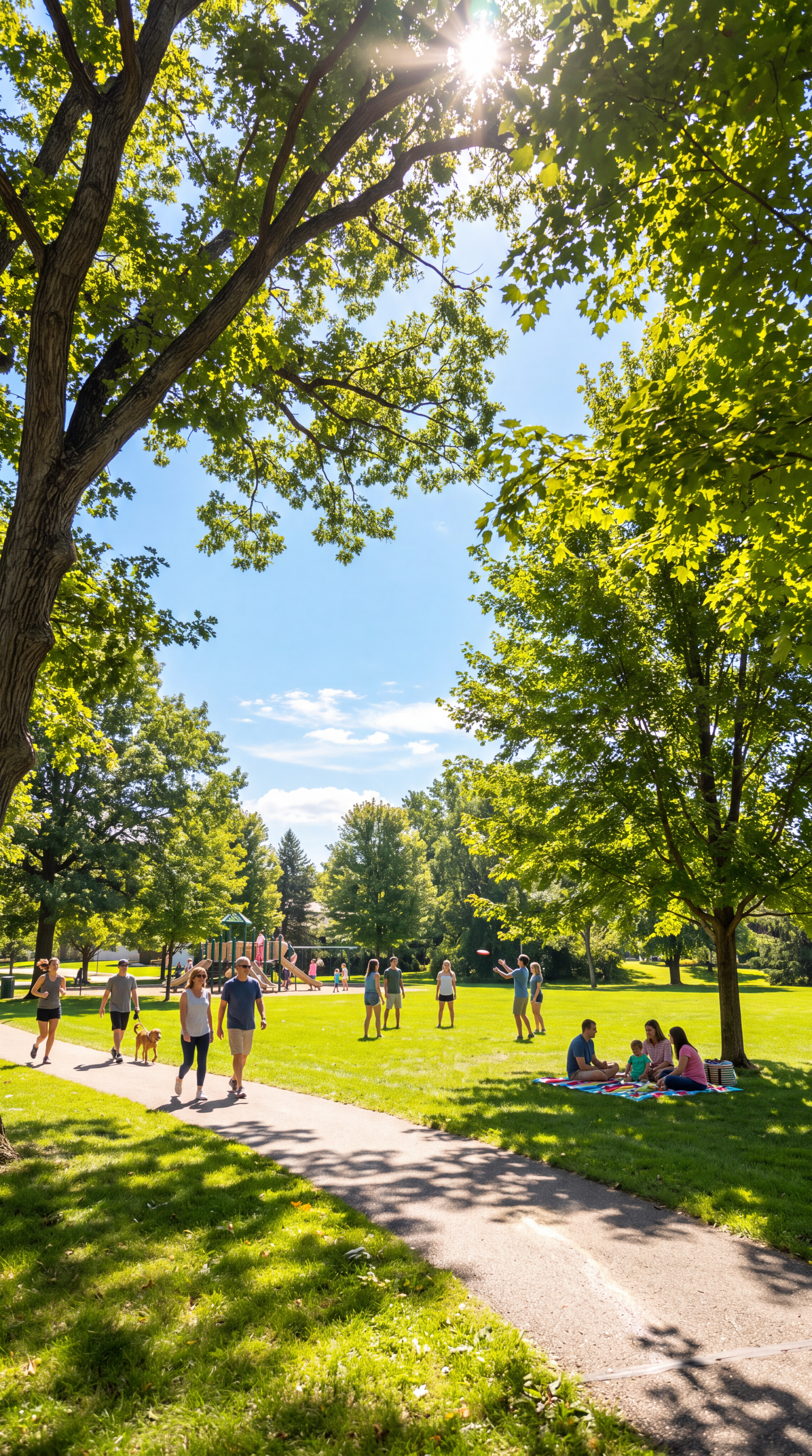 Sunny park iPhone wallpaper with leafy trees framing a winding path, people walking and relaxing on the grass.