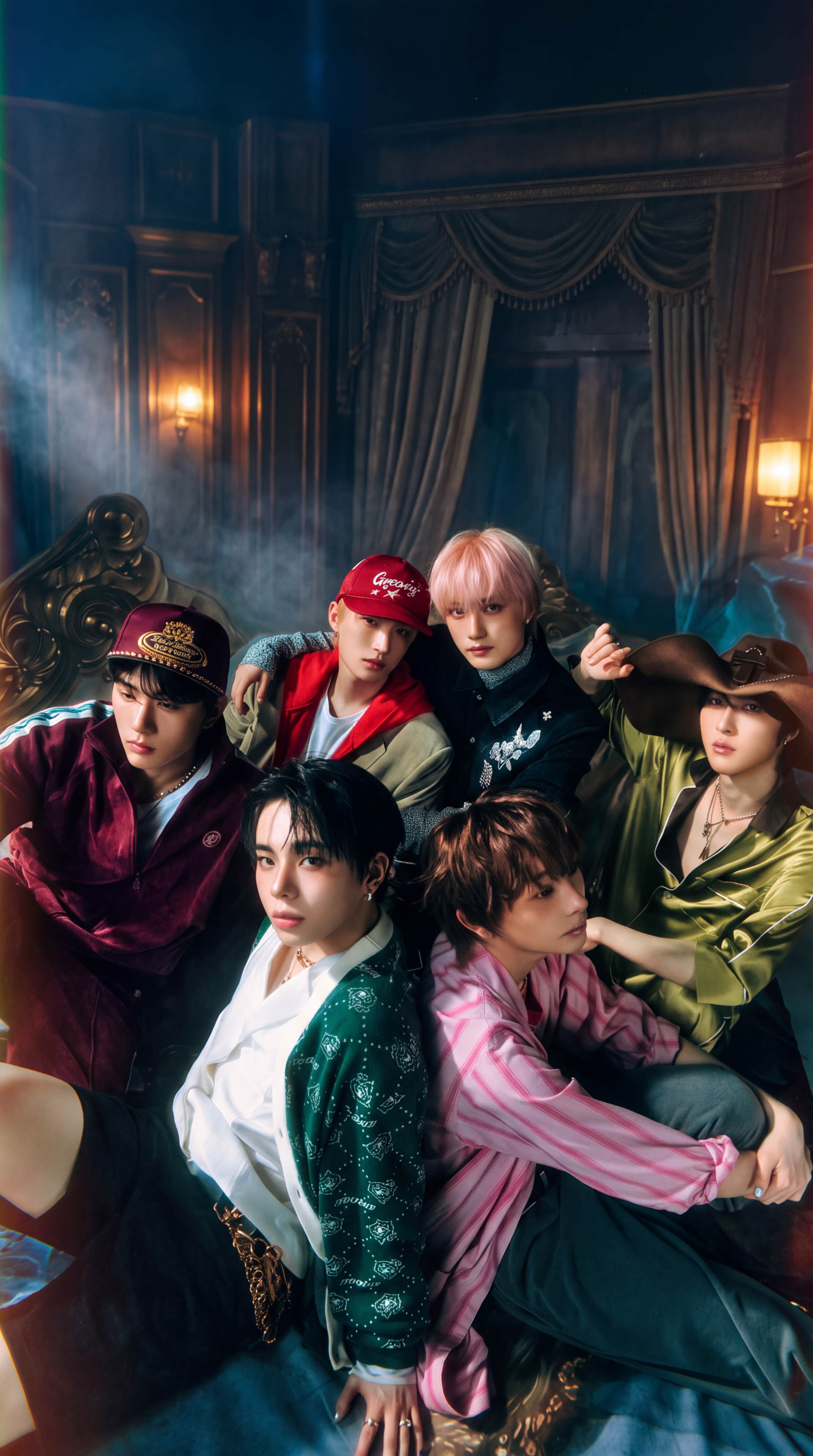 Daily:Direction “WHICH WAY” K-pop boy band group portrait iPhone wallpaper with six members in colorful stage outfits.