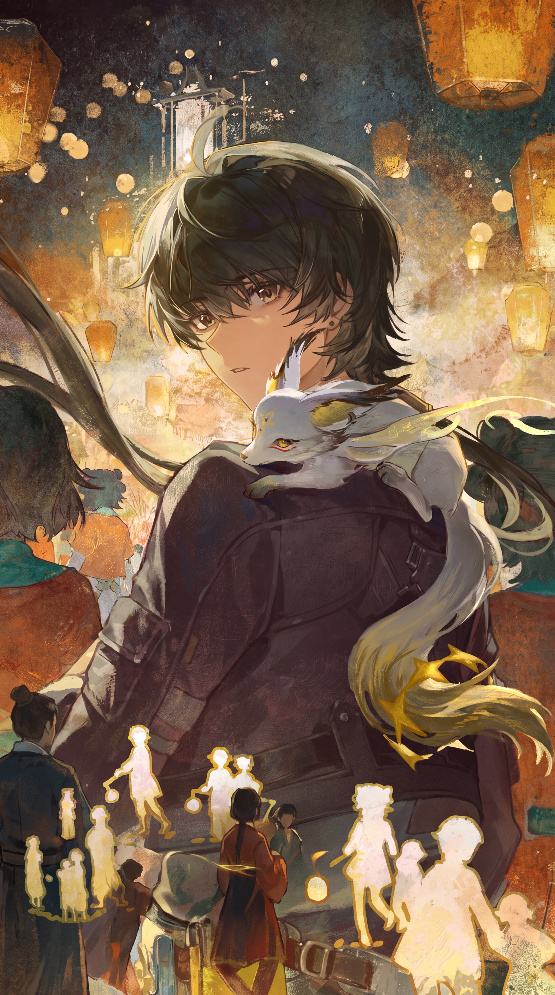 Wuthering Waves phone wallpaper featuring anime boy Rover with a white bird on his shoulder amid glowing lanterns.