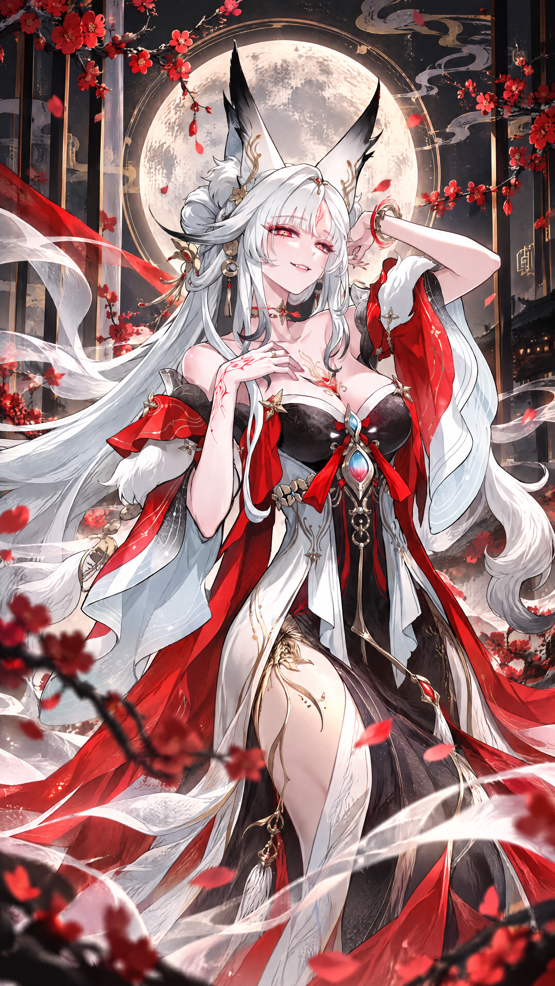 Wuthering Waves Hsin fox girl anime phone wallpaper, with flowing white hair, red-and-black robes, and cherry blossoms beneath a full moon.