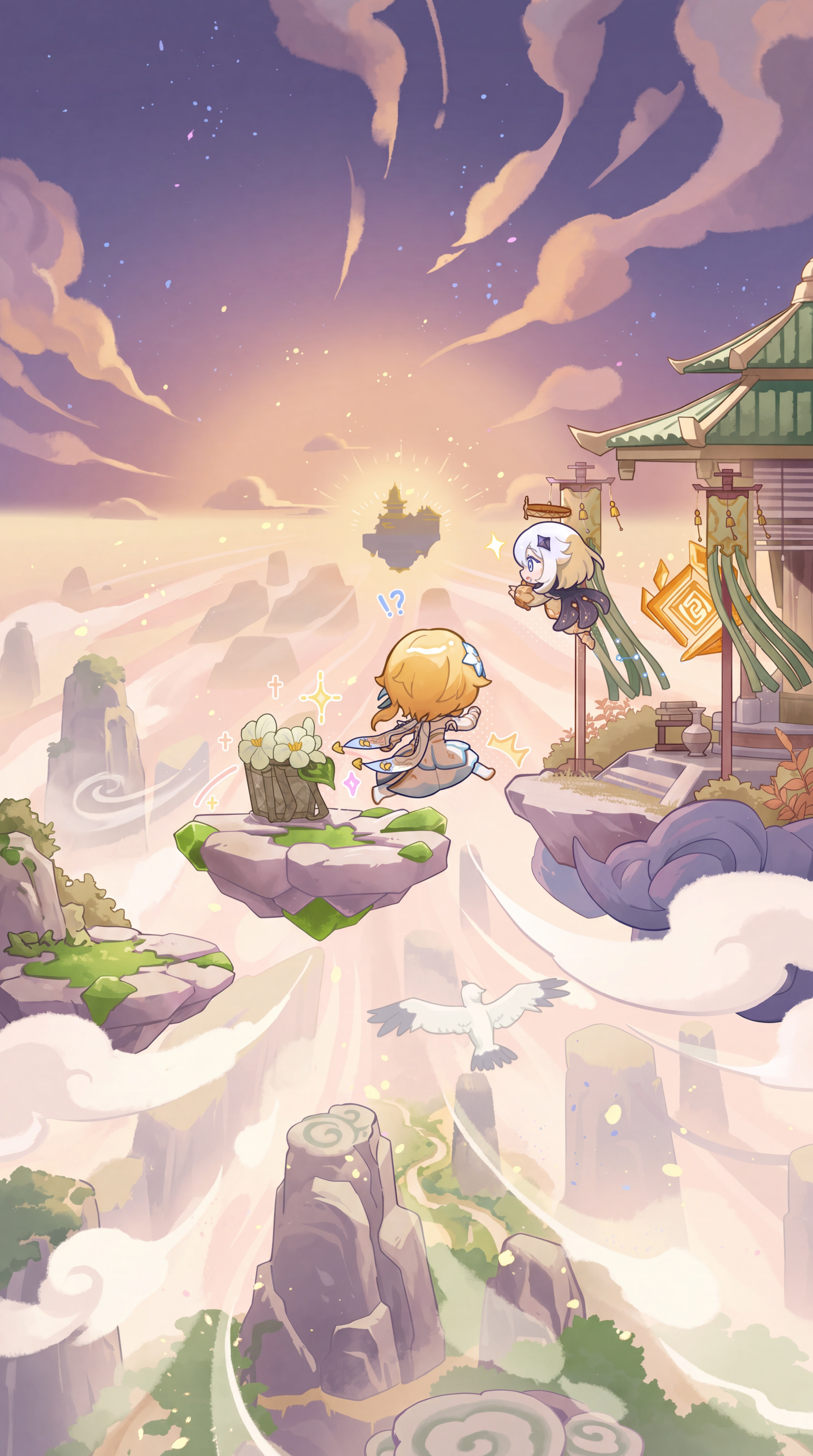 Genshin Impact iPhone wallpaper of Lumine and Paimon floating among clouds above a mountain temple at sunset.