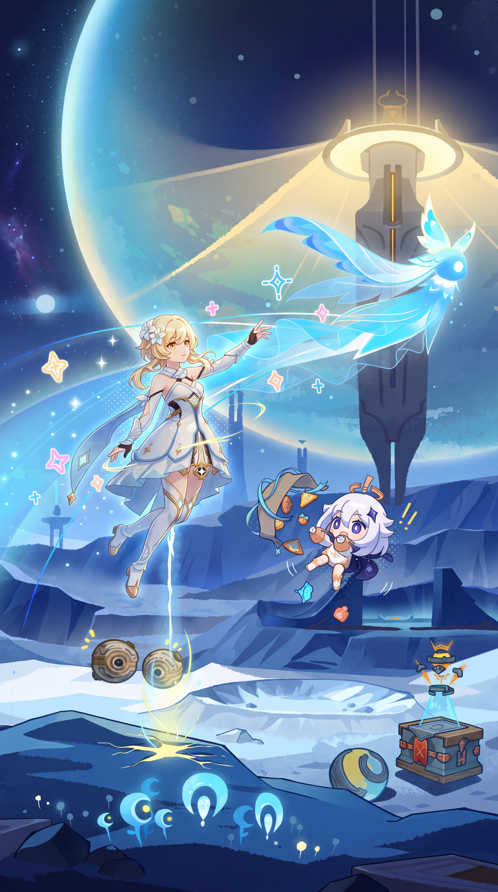 Genshin Impact iPhone wallpaper featuring Lumine and Paimon beneath a glowing celestial portal in a starry blue landscape.