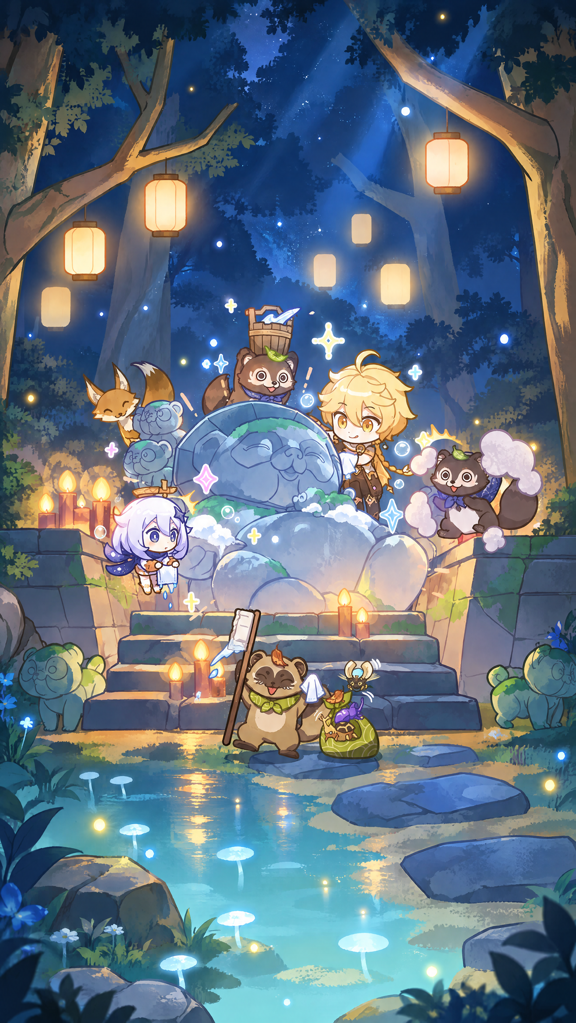 Genshin Impact iPhone wallpaper of Aether and Paimon exploring a lantern-lit forest stream with playful creatures.