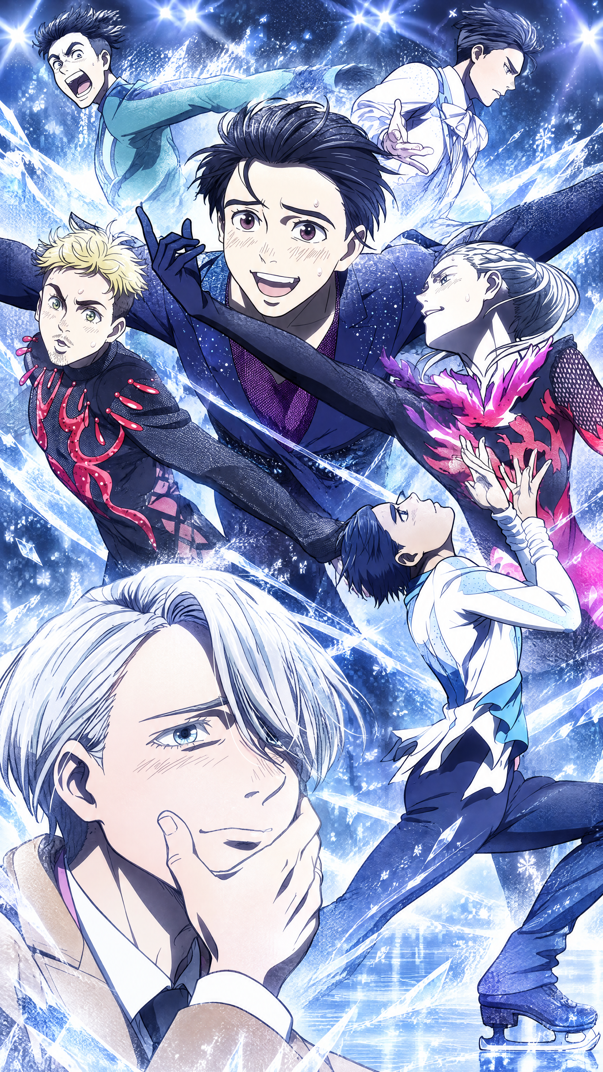 Yuri!!! on ICE iPhone wallpaper featuring Victor Nikiforov and the skaters in a sparkling blue ice rink