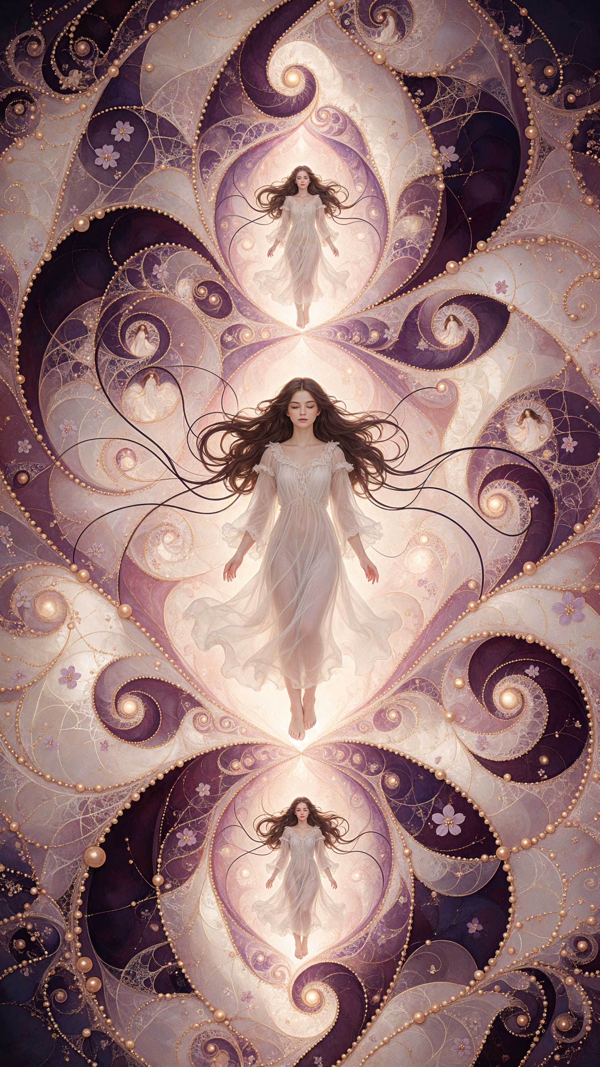 Ethereal sisters in flowing white gowns surrounded by ornate purple fractal swirls, a dreamy iPhone wallpaper.