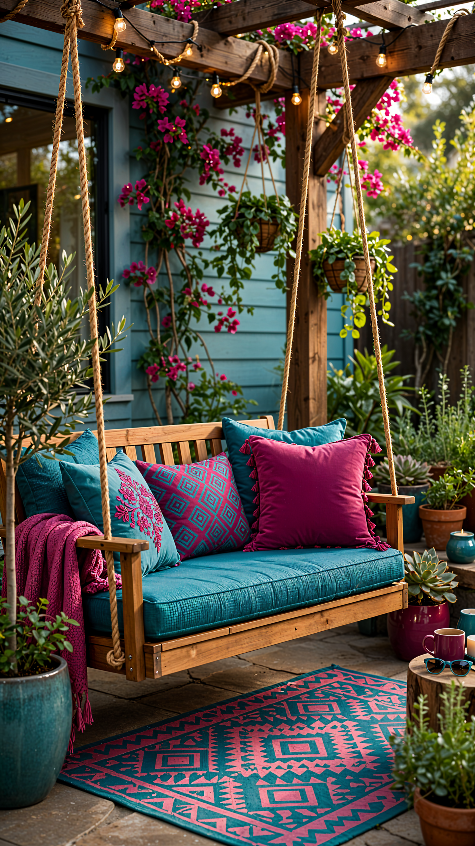 Colorful patio swing with teal cushions, bright pillows, flowering vines, and string lights in a cozy garden, iPhone wallpaper.
