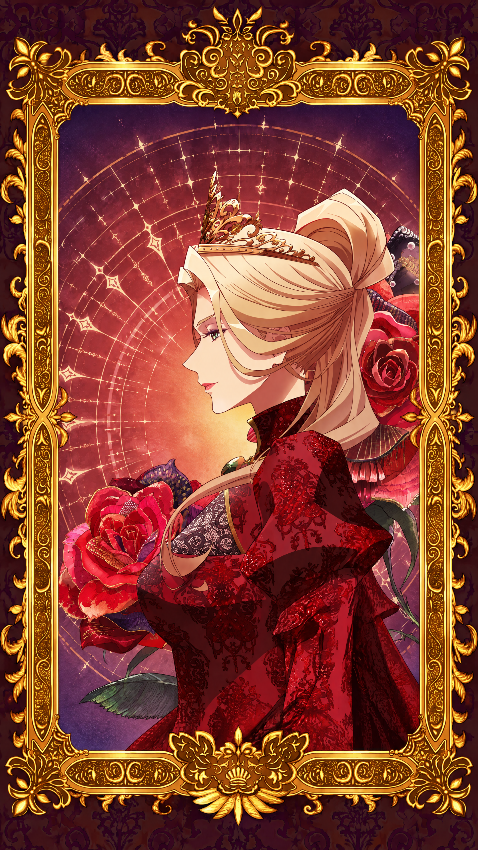 The Remarried Empress phone wallpaper featuring Navier in a crimson gown, surrounded by red roses within an ornate gold frame.