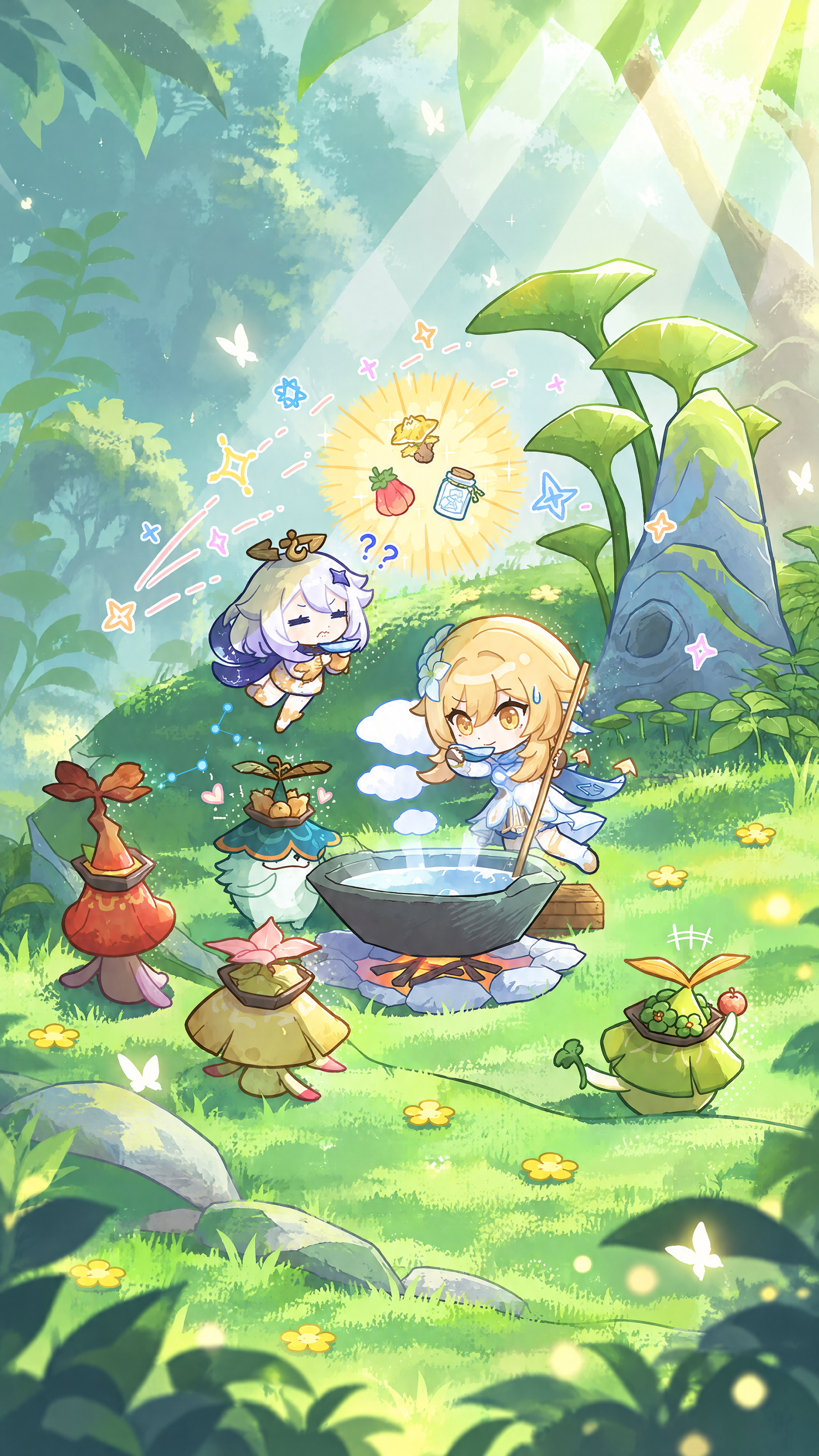 Genshin Impact anime phone wallpaper of chibi Lumine cooking with Paimon and cute forest creatures in a sunlit meadow.