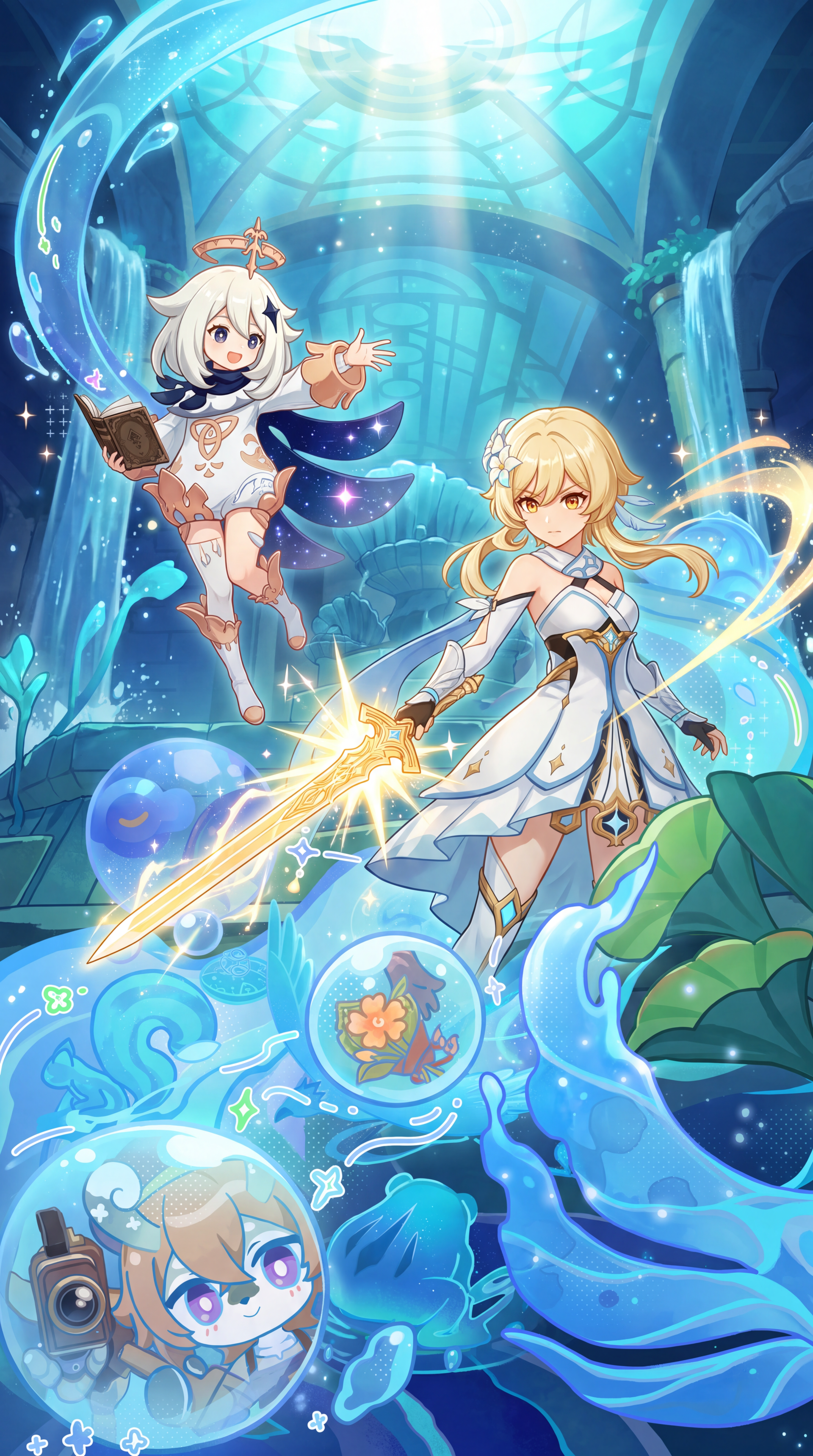 Genshin Impact iPhone wallpaper featuring Lumine with a glowing sword and Paimon floating through a sparkling blue underwater scene.