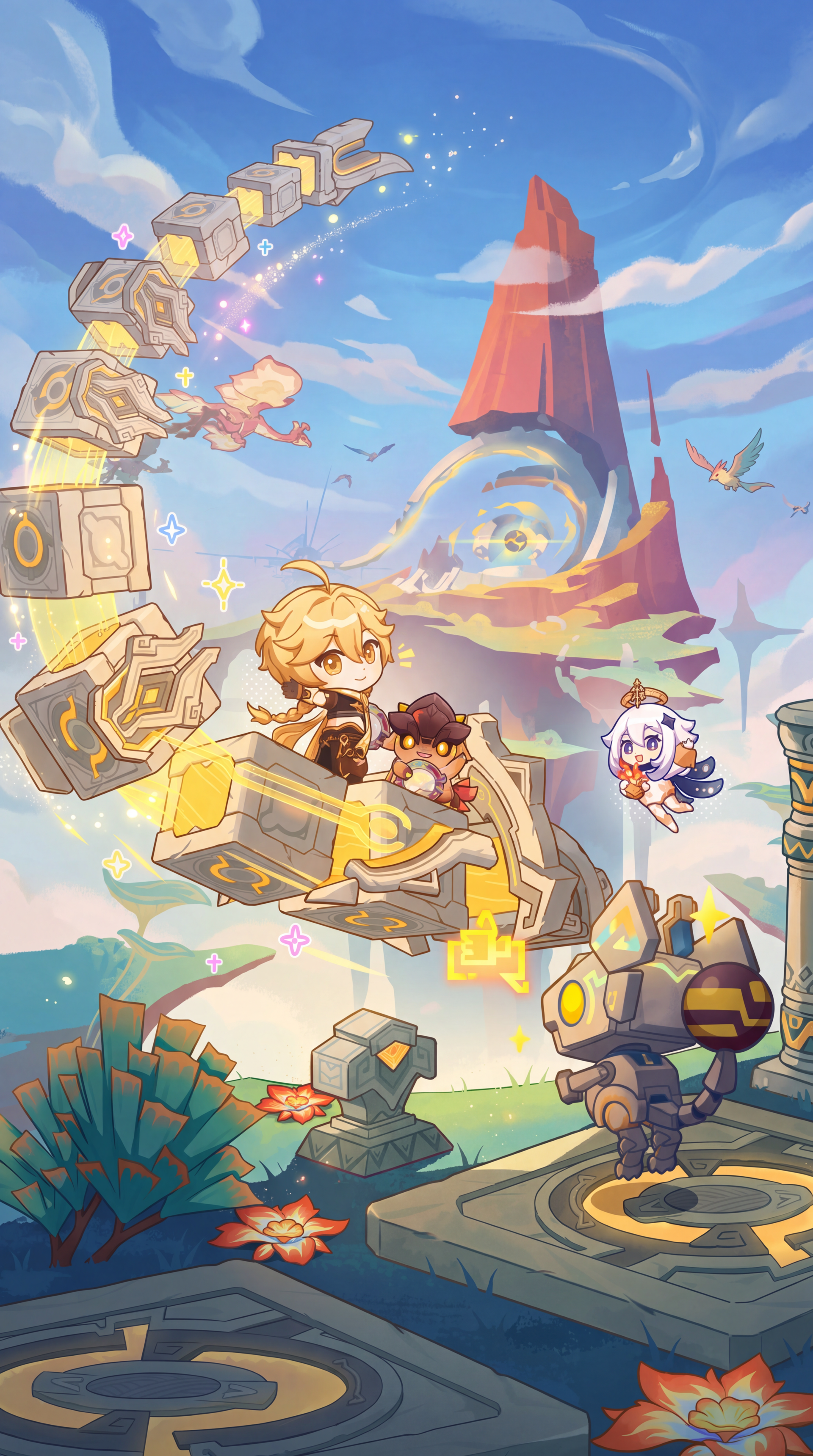 Genshin Impact anime iPhone wallpaper featuring Aether and Paimon exploring ancient ruins beneath a bright blue sky.
