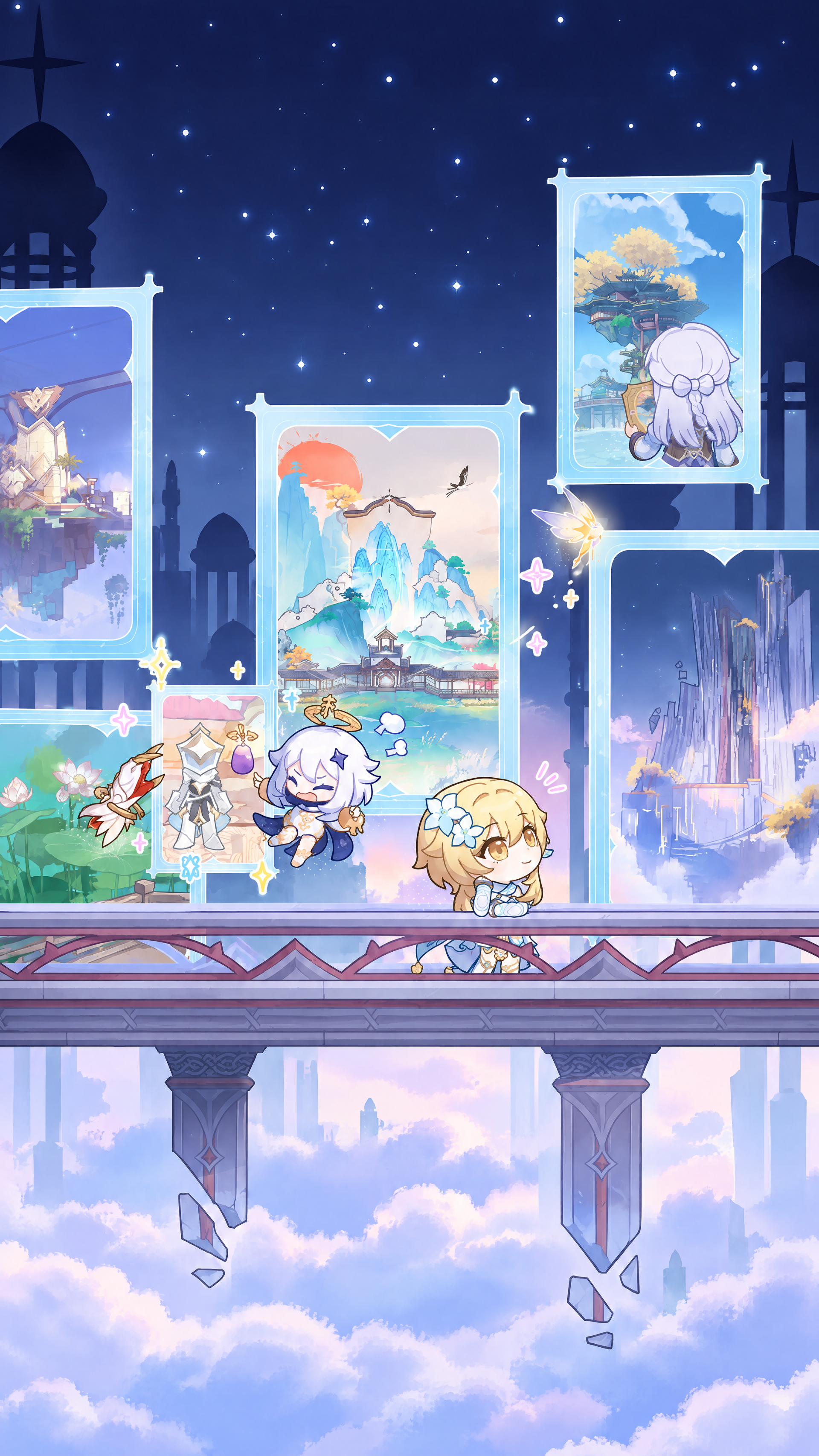 Chibi Paimon and Lumine from Genshin Impact stroll beneath starry skies and floating landscapes in this anime iPhone wallpaper.