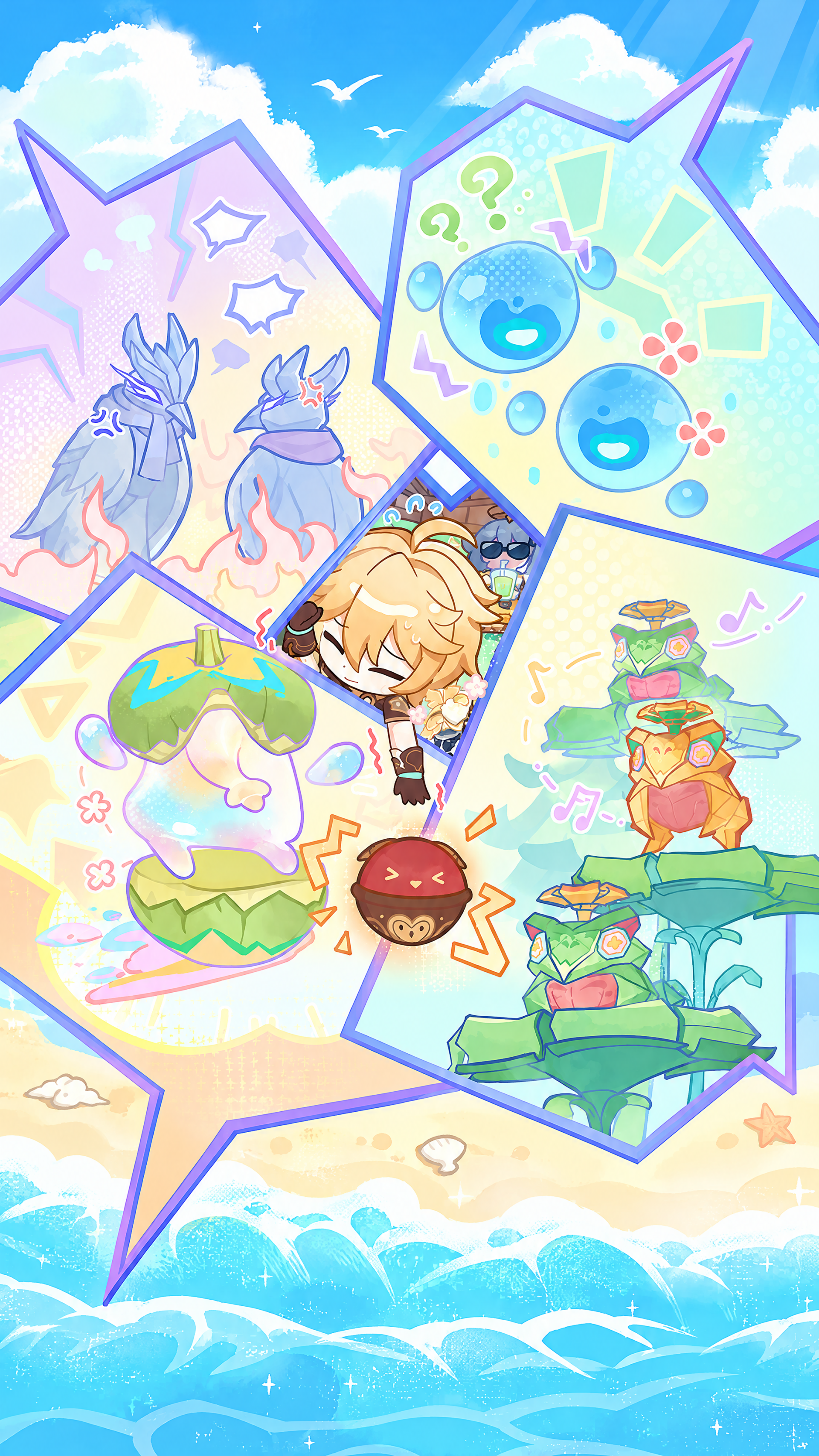 Colorful anime Genshin Impact iPhone wallpaper featuring Aether and Paimon in a playful seaside collage.