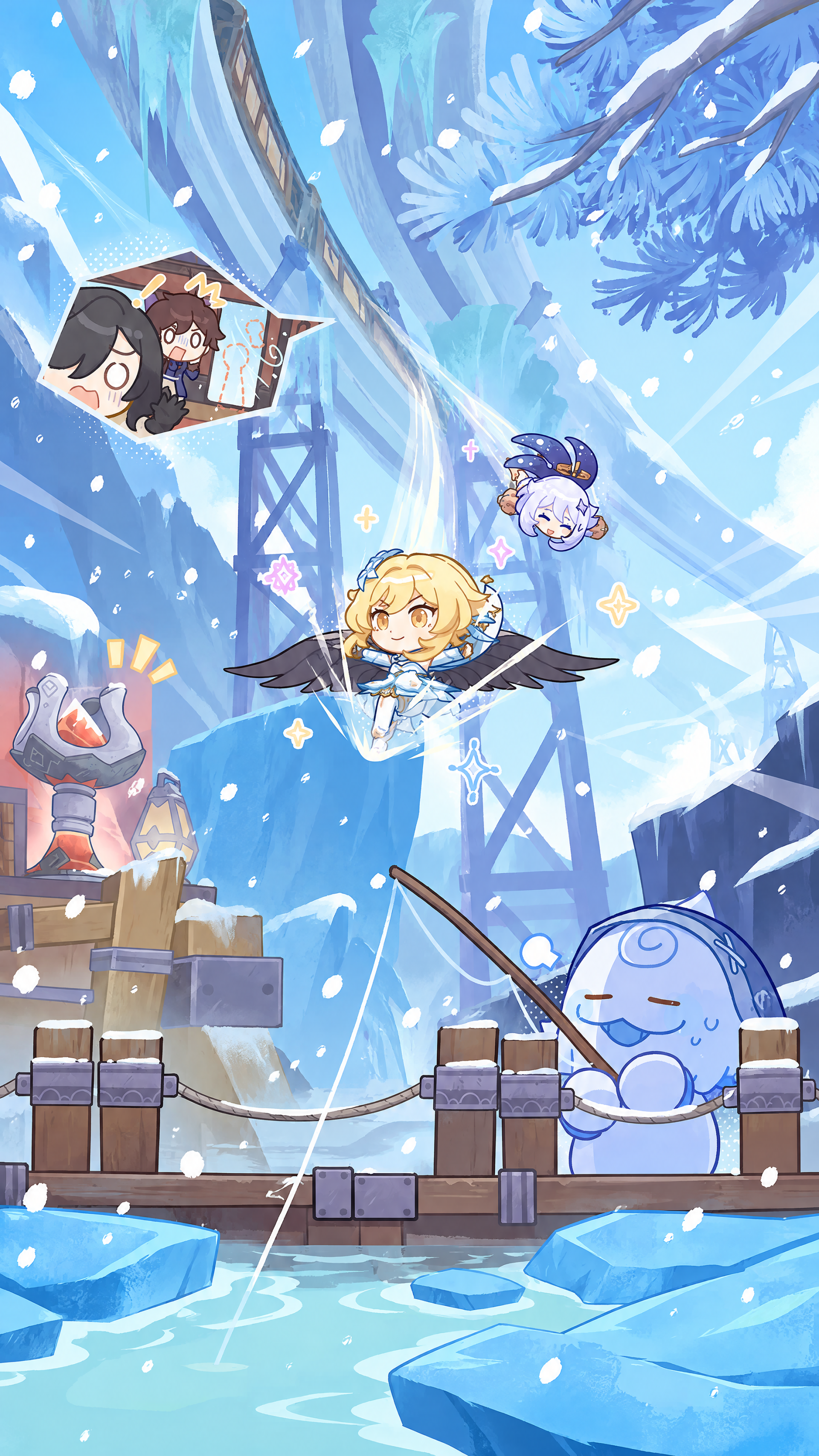 Genshin Impact anime phone wallpaper of Lumine fishing on an icy dock, with Paimon floating nearby and a sleepy blue slime.