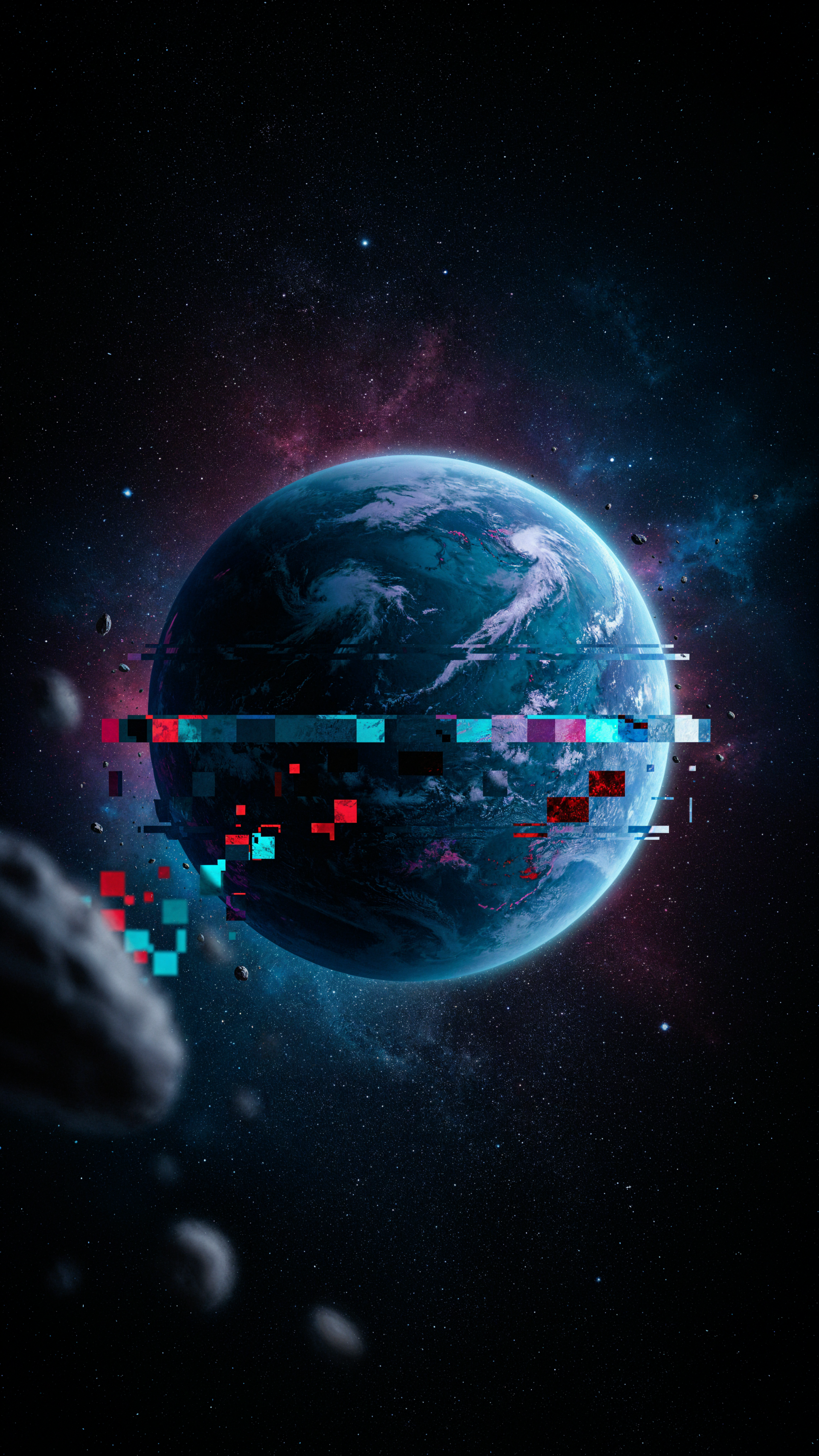 Glowing Earth-like exoplanet with digital glitch effects against a starry space background, vertical iPhone wallpaper.