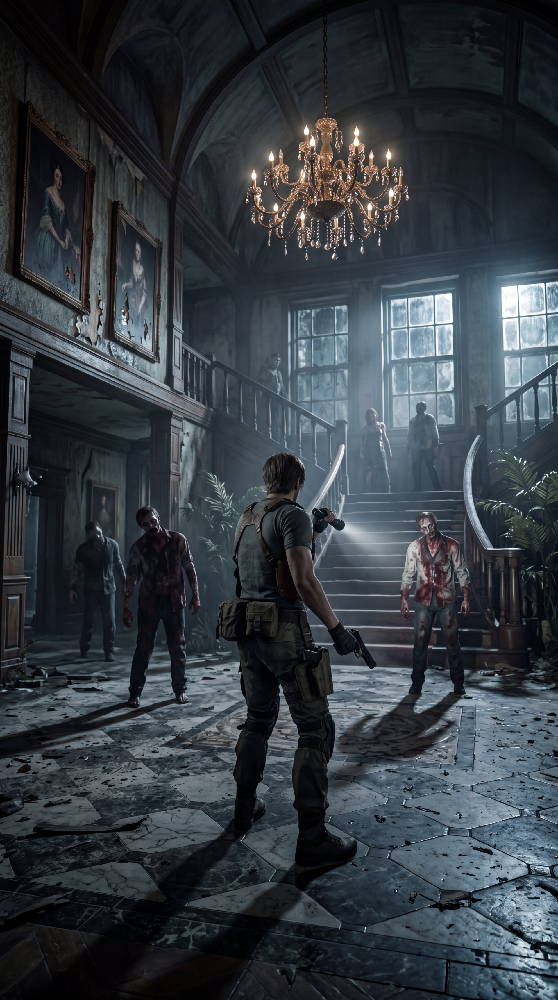 Resident Evil survival horror iPhone wallpaper featuring a soldier confronting zombies in a dim, grand mansion.