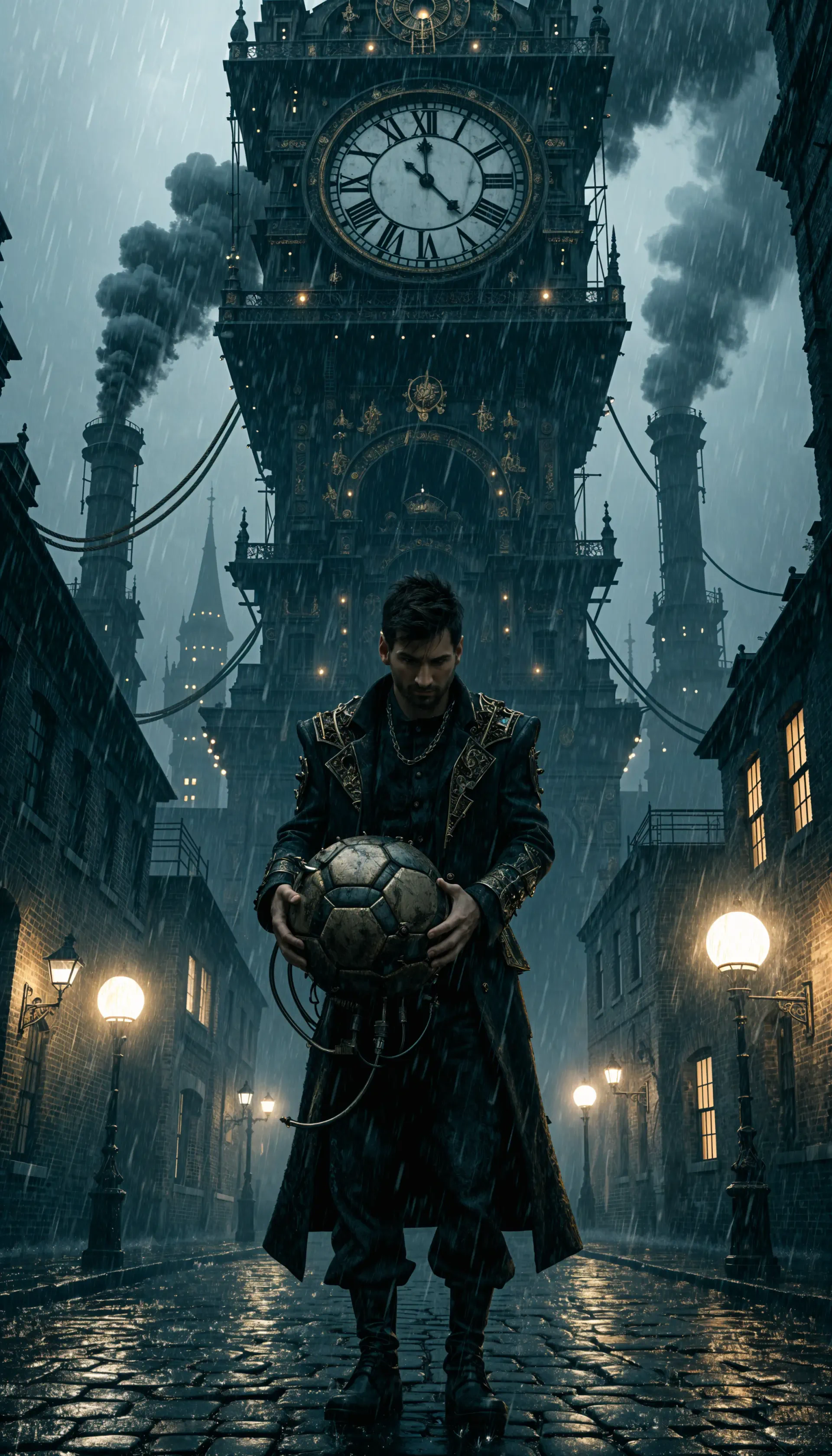 Lionel Messi holding a soccer ball beneath a towering clock tower on a rain-soaked street, cinematic iPhone wallpaper.