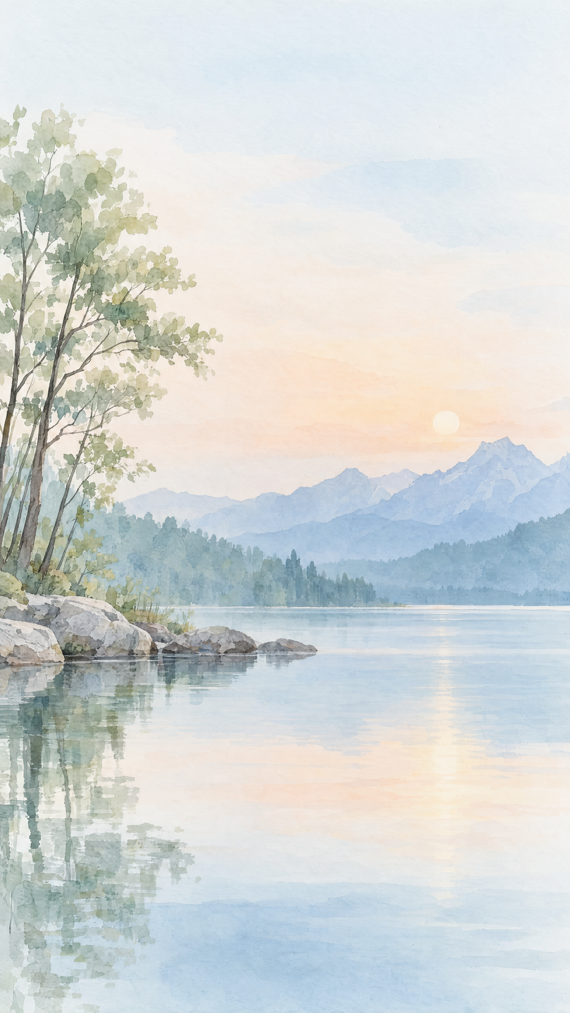 Clean watercolor landscape of a tranquil mountain lake at sunrise, with trees and rocks reflected in the water—vertical iPhone wallpaper.