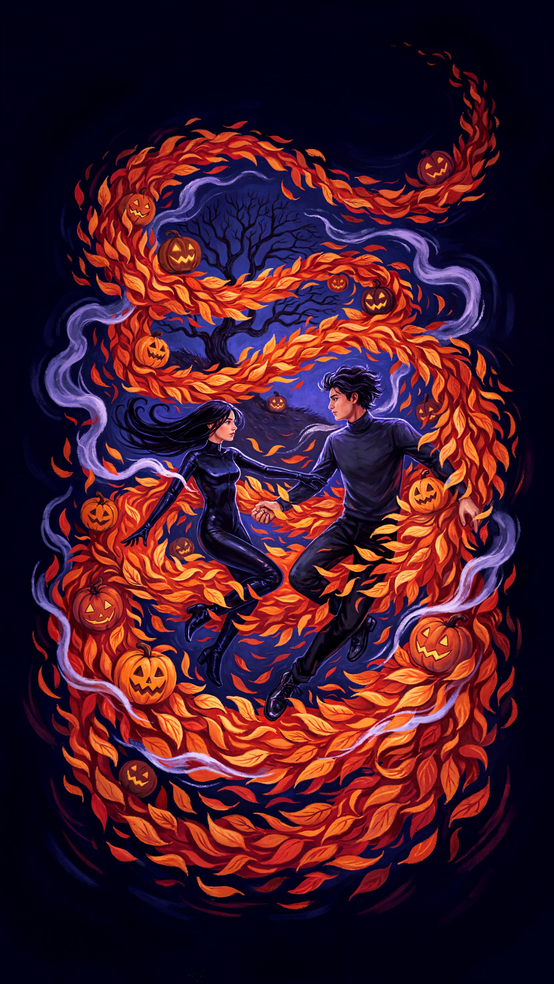 Halloween couple dancing among swirling autumn leaves and glowing pumpkins, illustrated iPhone wallpaper.