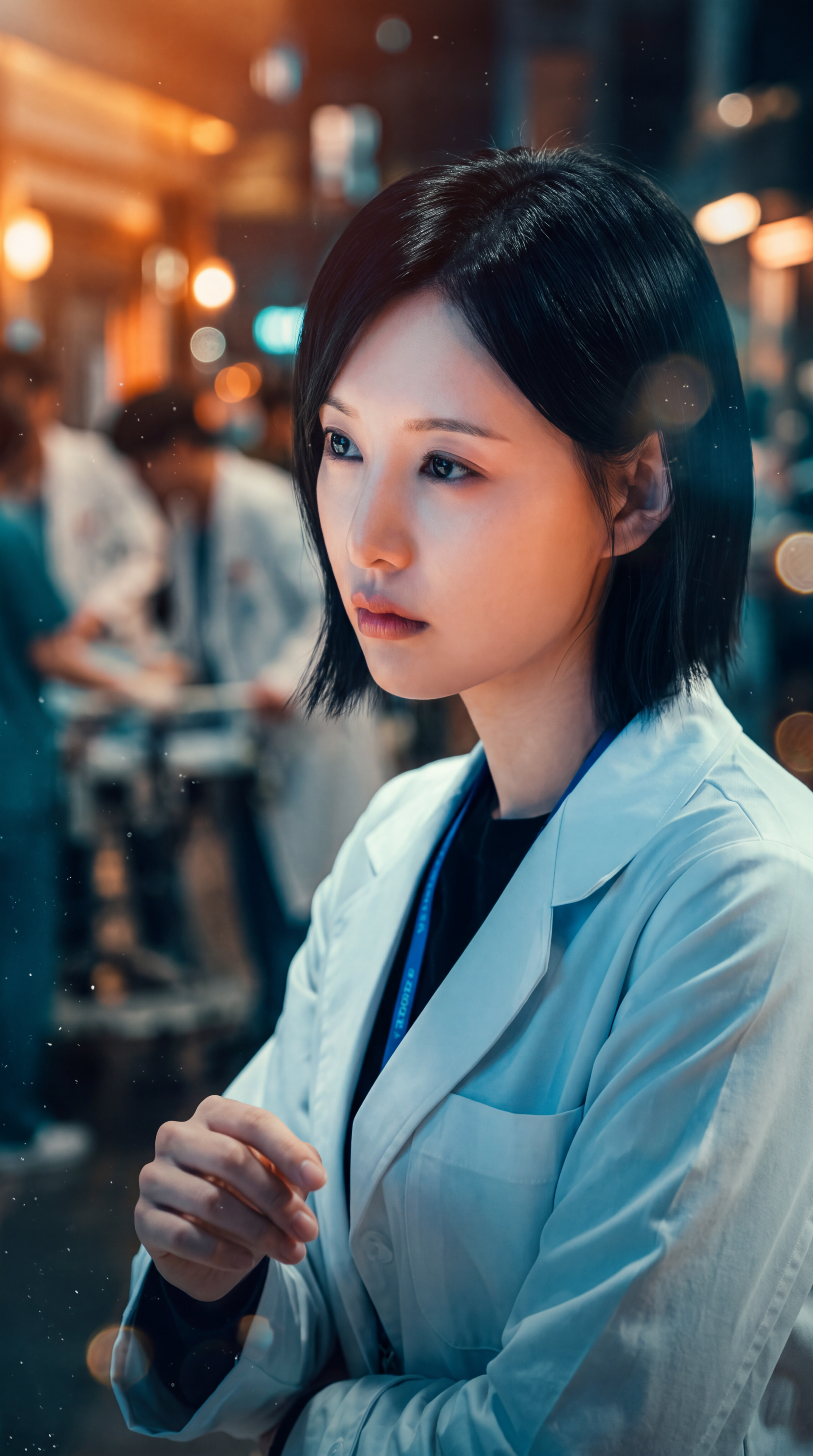 Kim Ji-won as a focused woman doctor in a white coat, portrait from Doctor X Mafia in White, cinematic iPhone wallpaper.