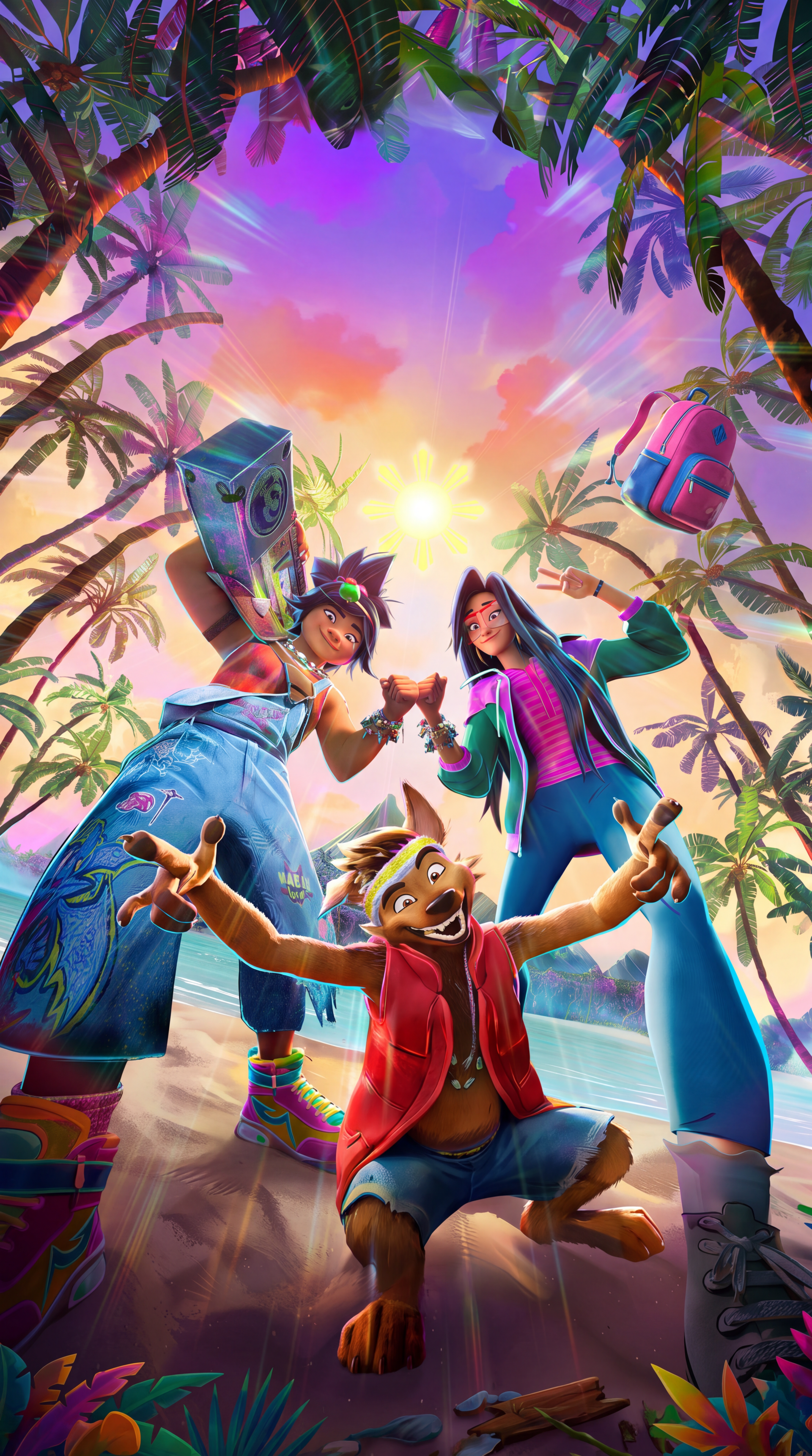 Forgotten Island DreamWorks Animation iPhone wallpaper featuring animated friends dancing at a tropical beach party beneath palm trees at sunset.