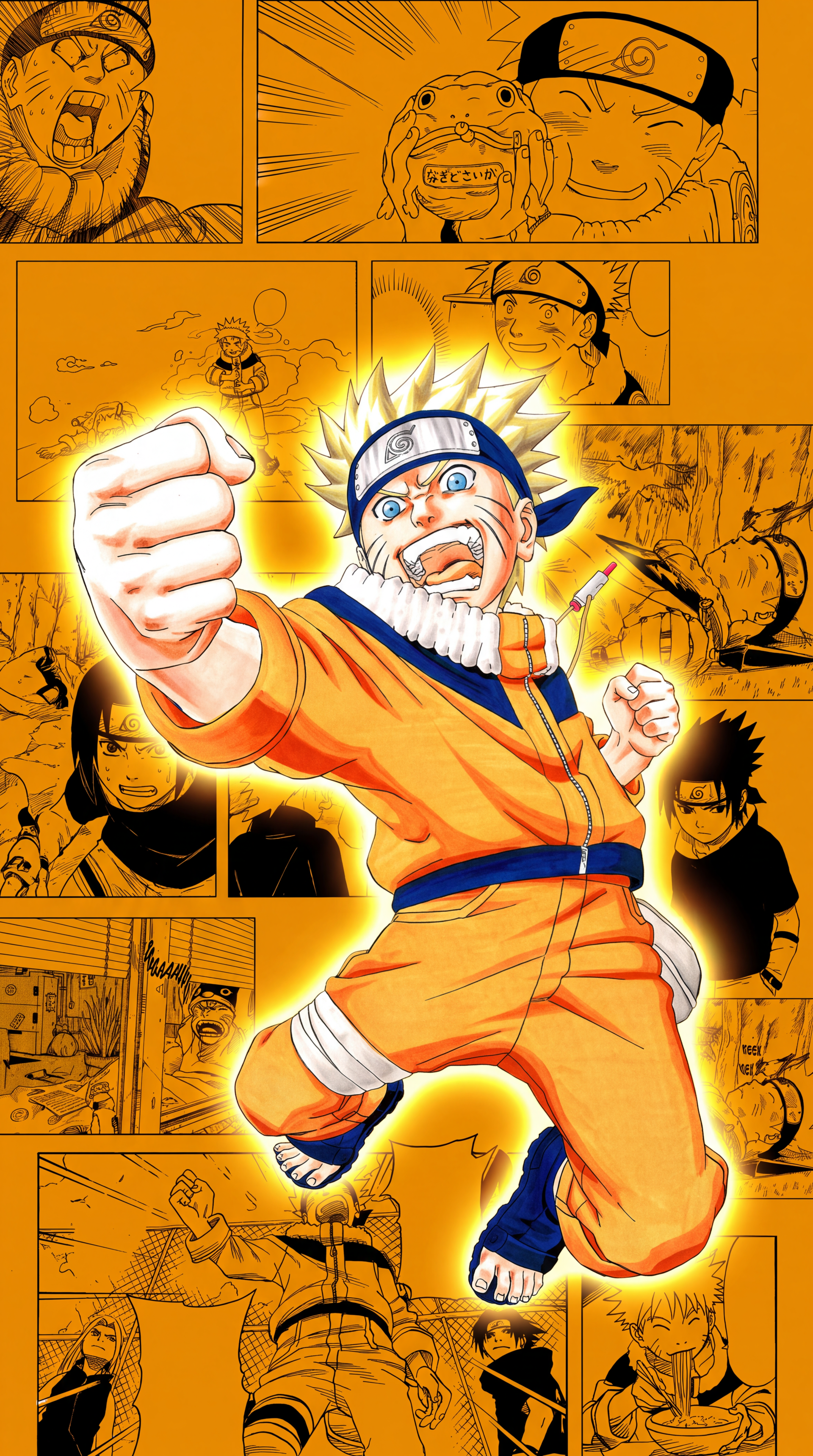 Naruto Uzumaki charges forward against an orange manga panel collage in this vibrant anime iPhone wallpaper.
