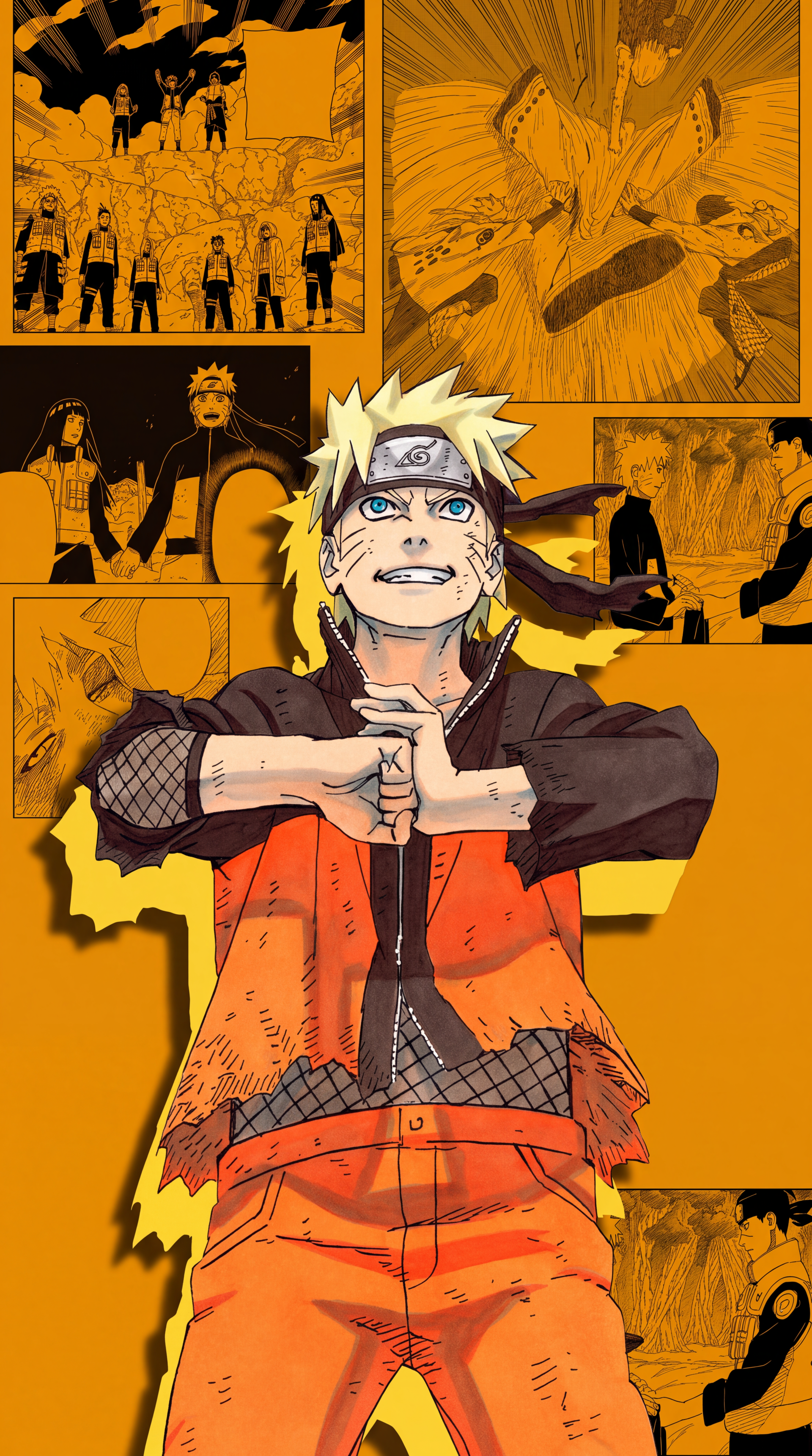 Naruto Uzumaki forming a hand sign against an orange manga panel background, anime iPhone wallpaper.