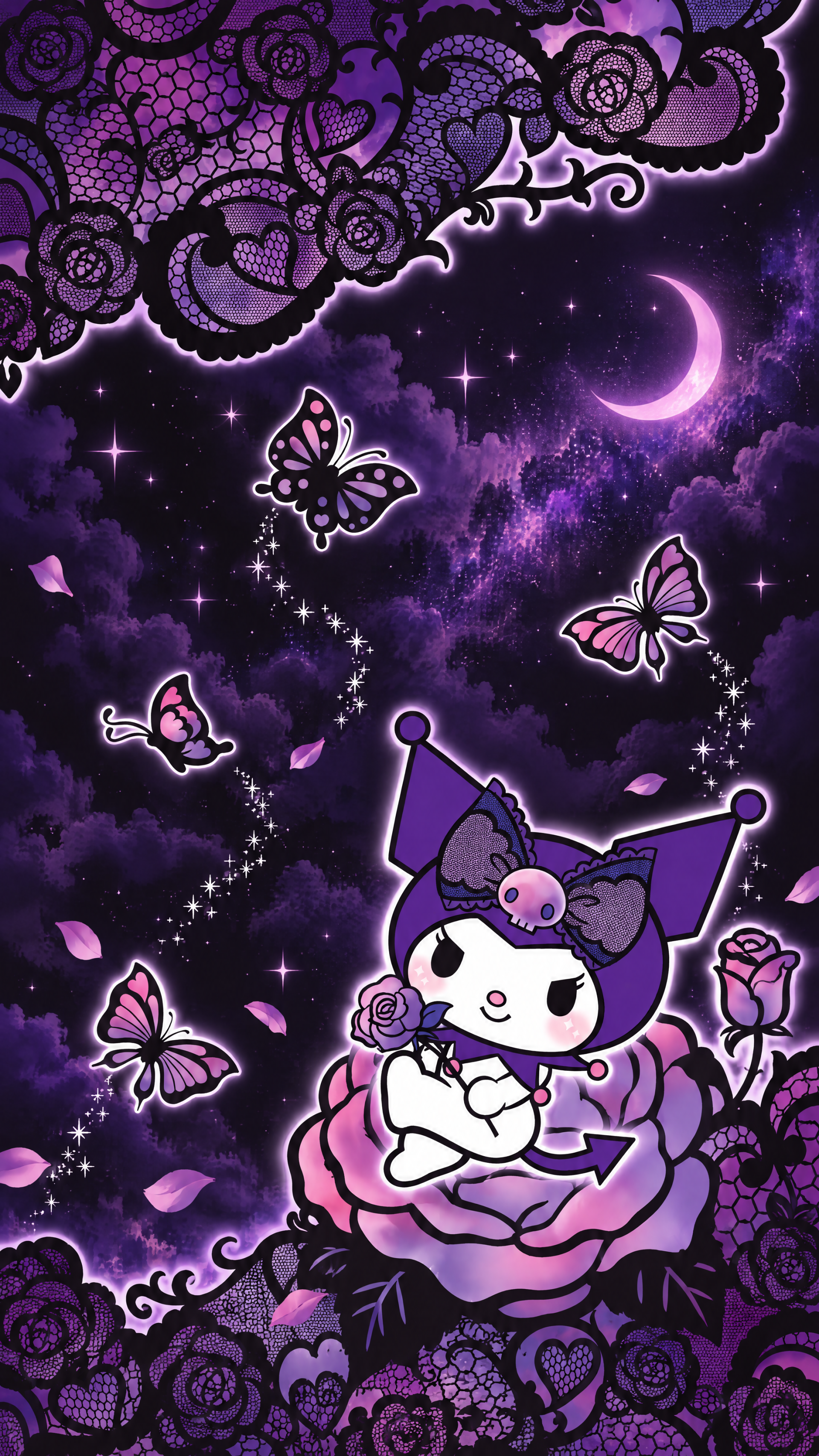 Kuromi Sanrio cartoon iPhone wallpaper with purple roses, butterflies, lace, and a glowing crescent moon against a starry galaxy.