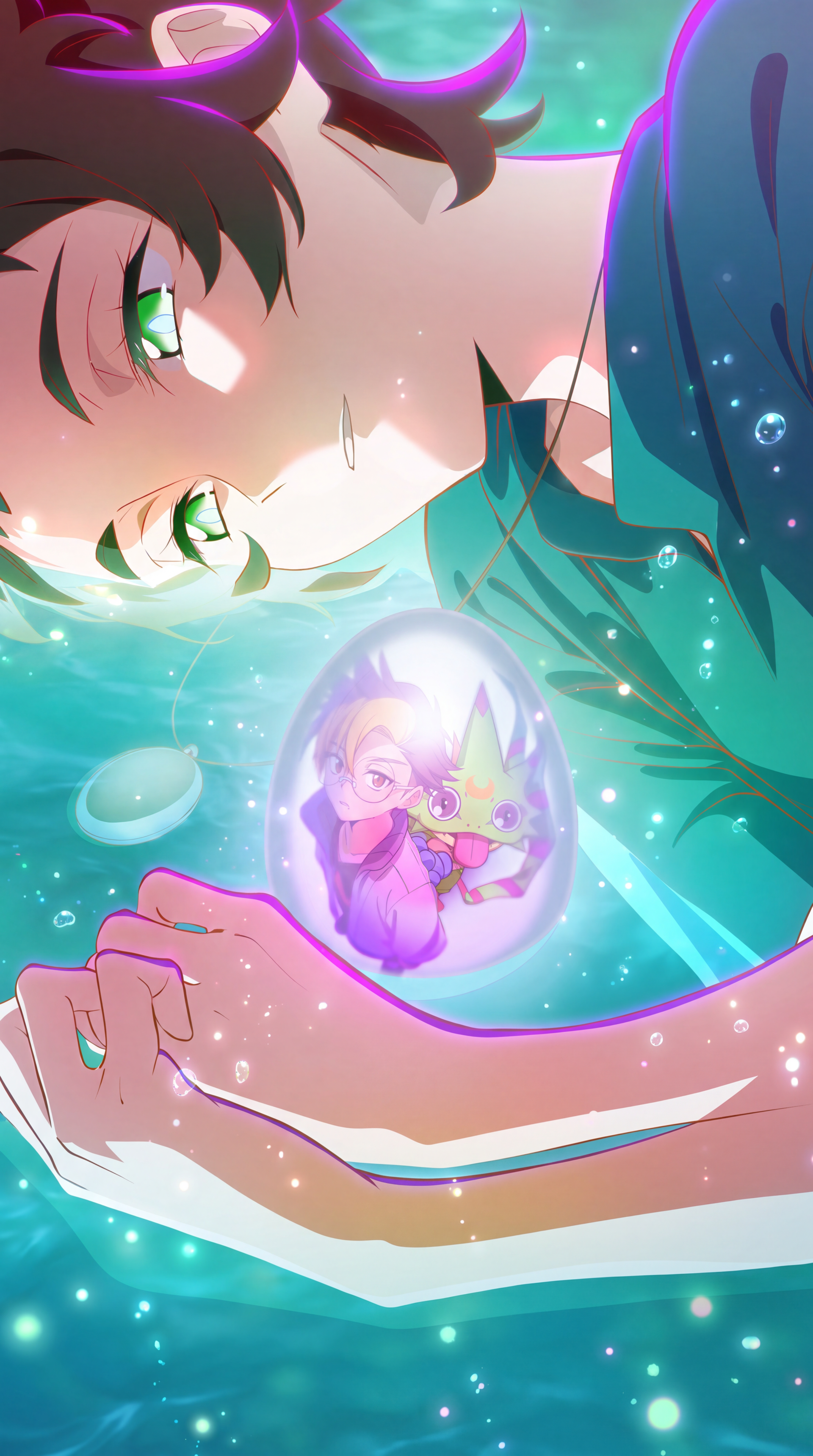 Digimon Beatbreak iPhone wallpaper of an anime girl gazing at Gekkomon inside a glowing underwater bubble.