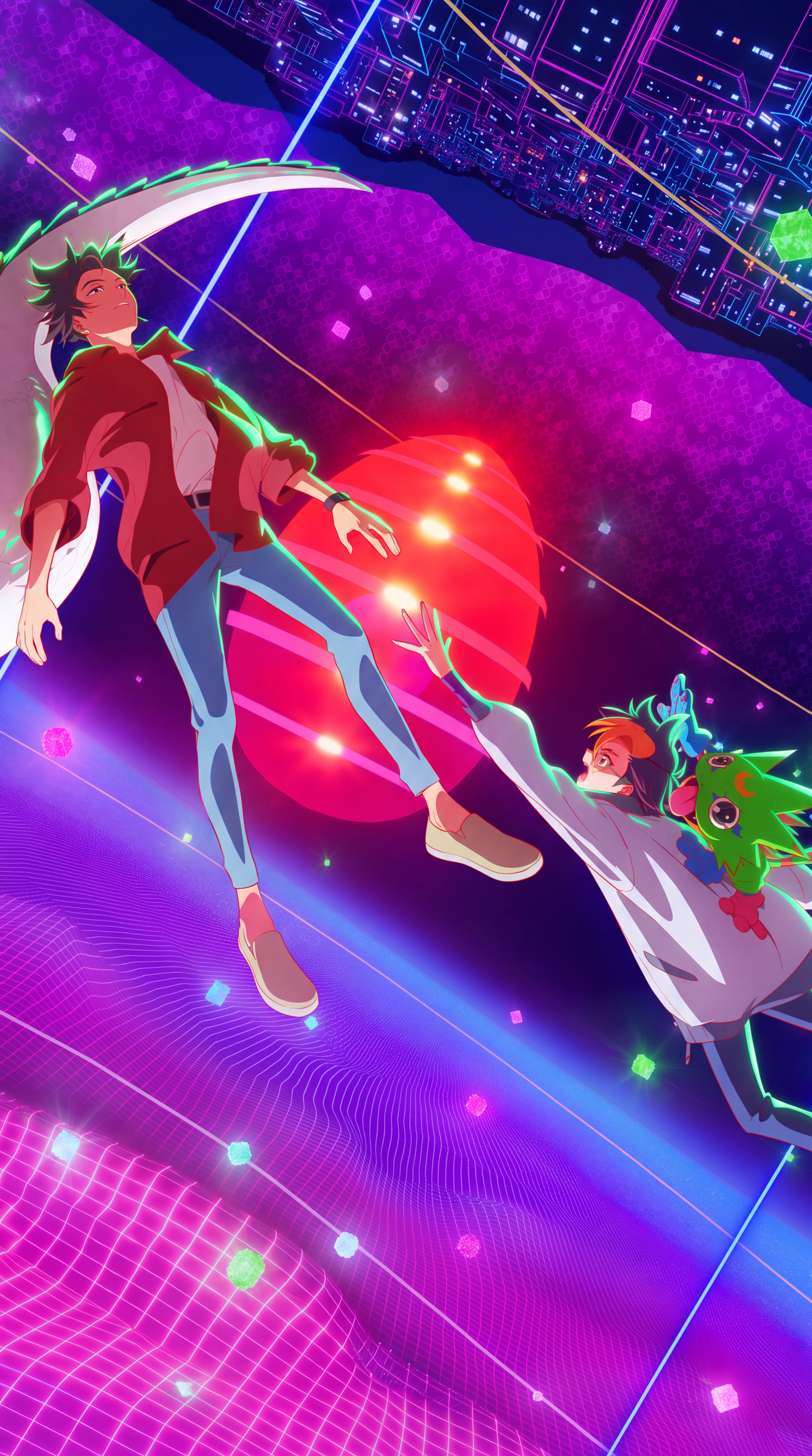 Digimon Beatbreak anime sci-fi phone wallpaper featuring Gekkomon and characters floating through a vibrant neon digital world.