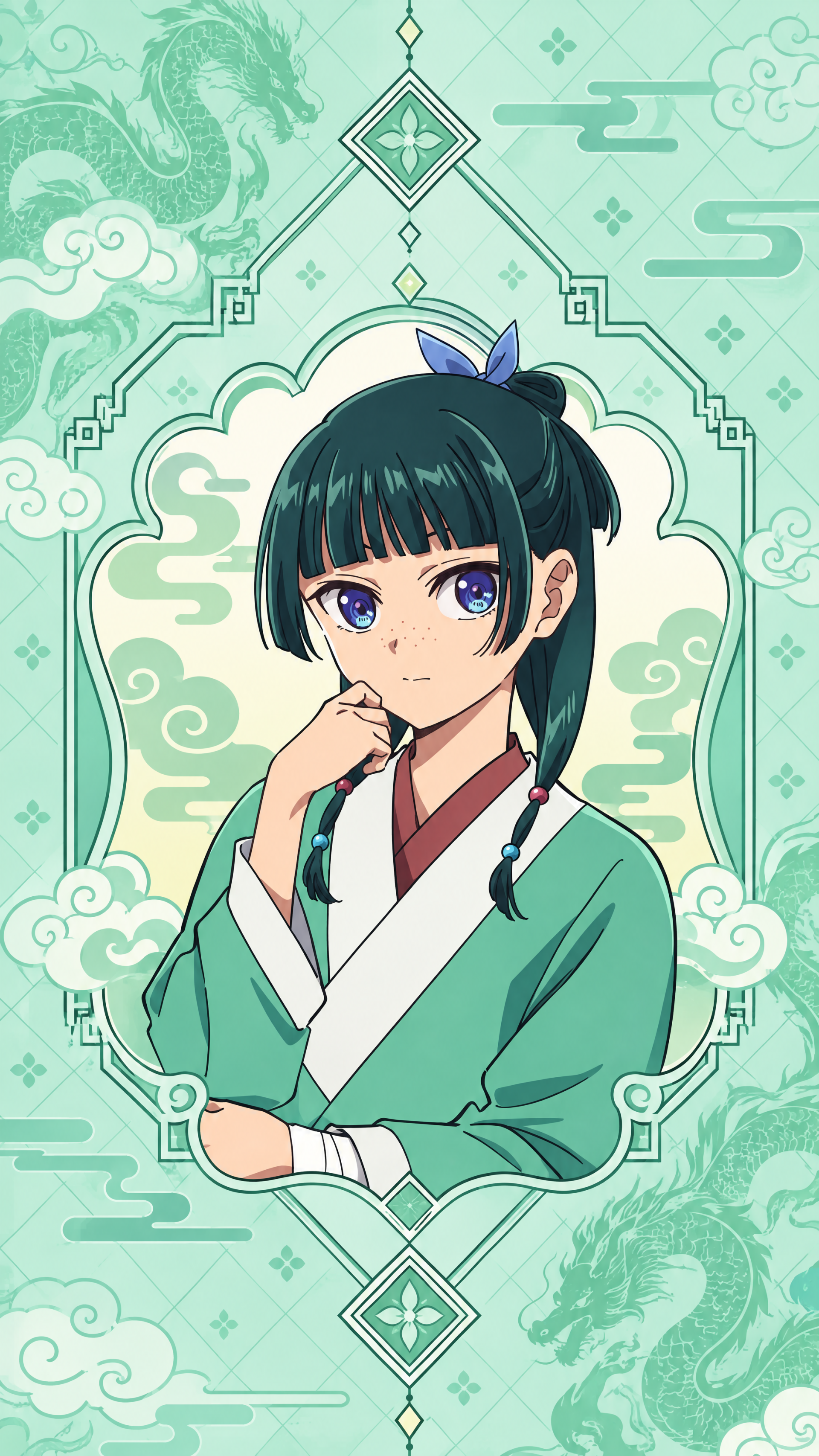 Maomao from The Apothecary Diaries anime in a mint green kimono, framed by ornate clouds and dragon motifs on a phone wallpaper.