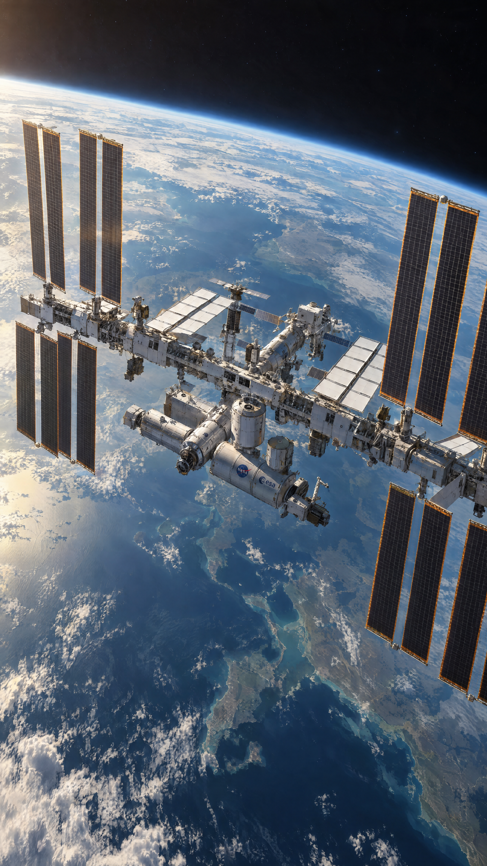 International Space Station above Earth’s blue oceans and clouds, a dramatic iPhone wallpaper view from orbit.