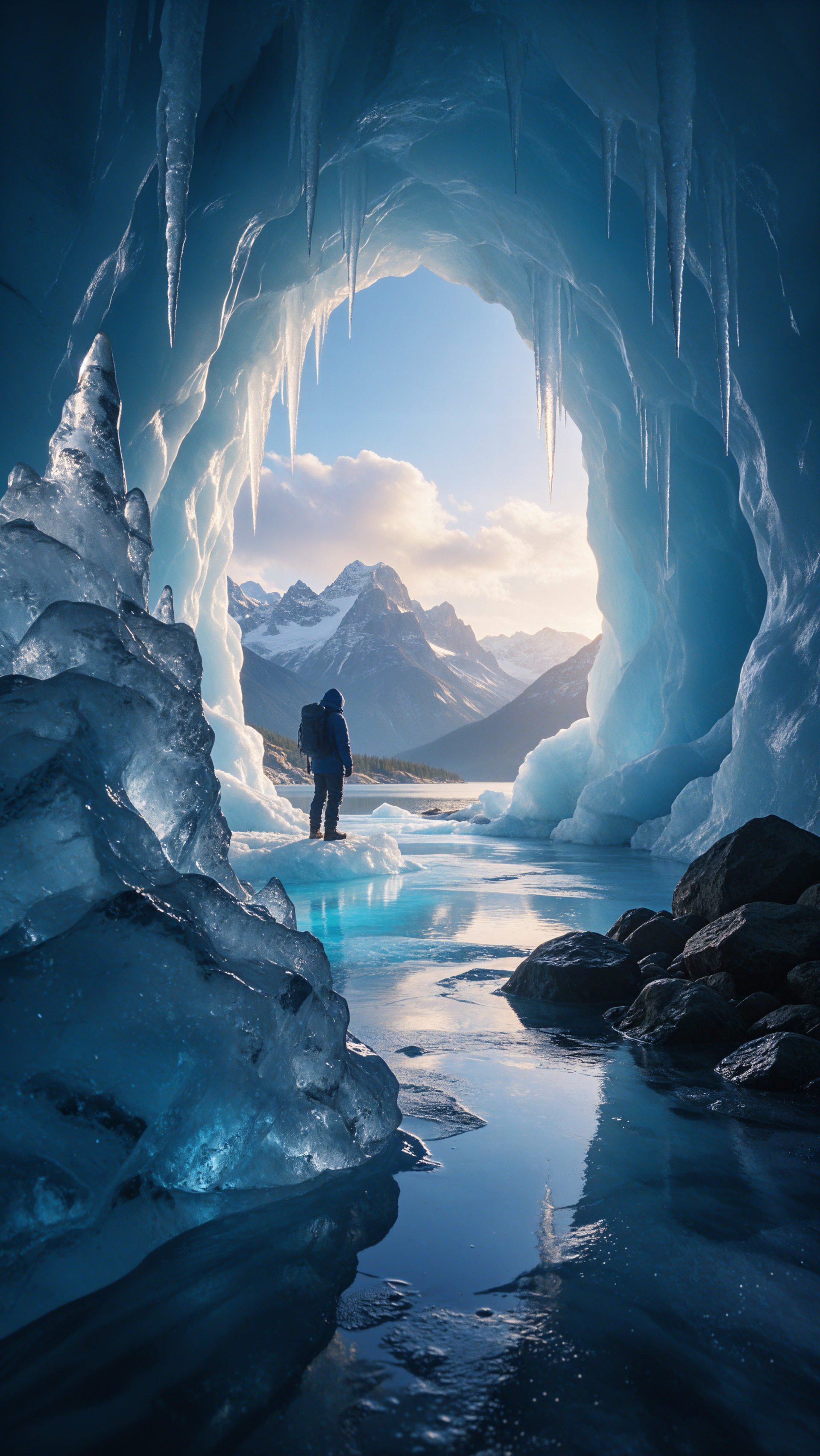 A lone explorer inside a blue glacier ice cave, with mountain peaks beyond and reflections on the water, framed as an iPhone wallpaper.
