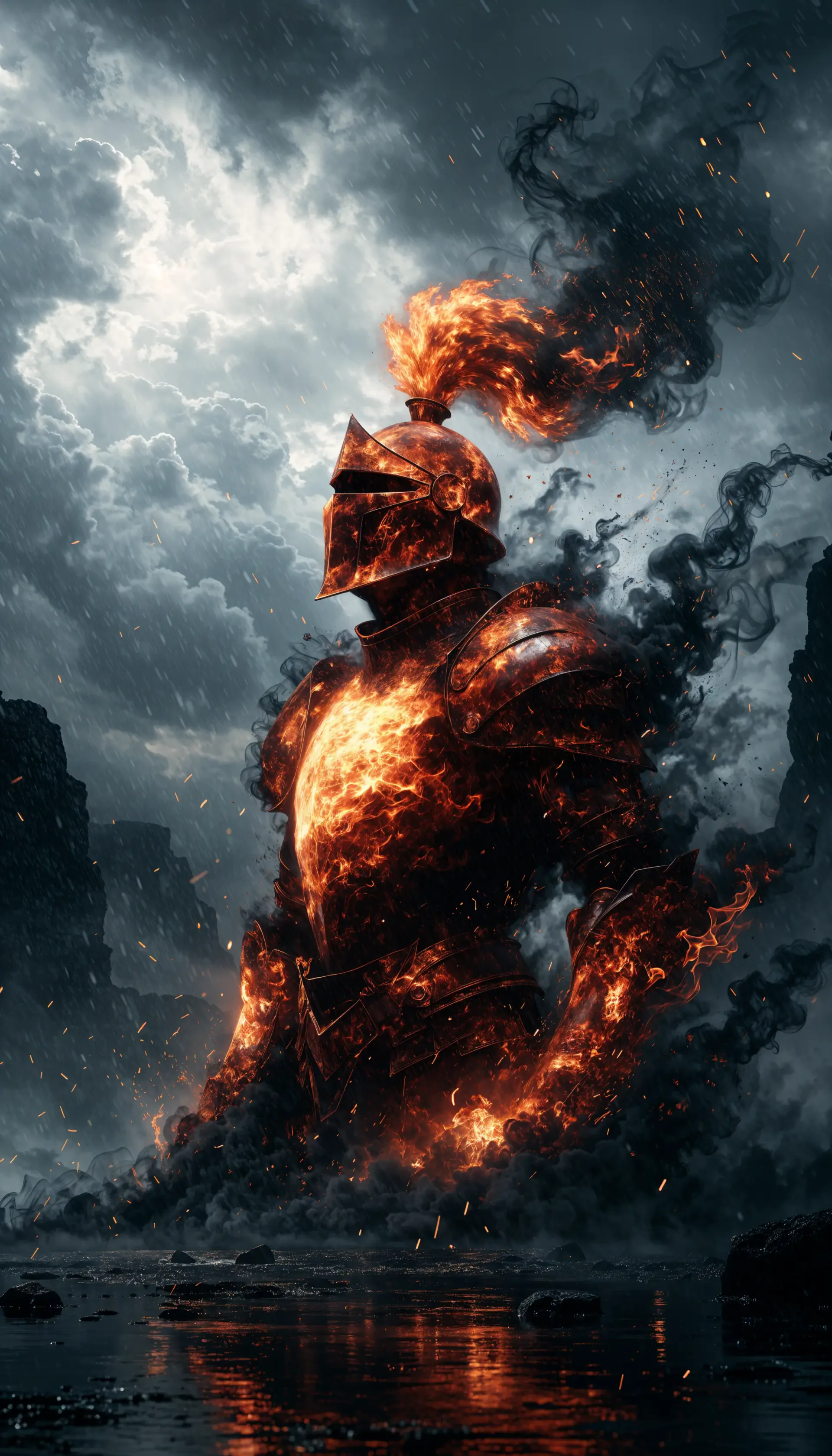 Fiery fantasy knight in scorched armor surrounded by flames and smoke, dramatic iPhone wallpaper.