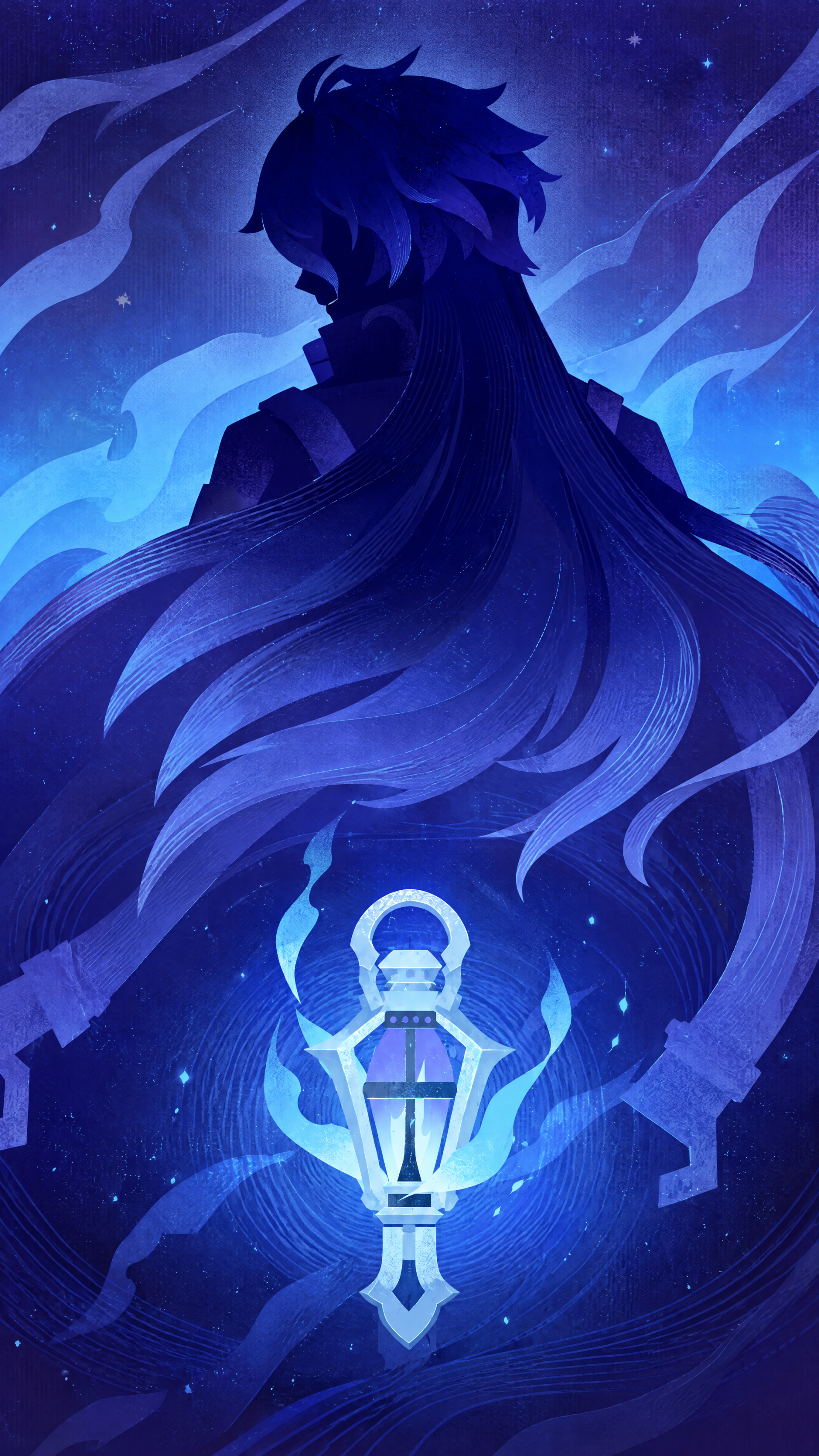 Blue anime silhouette of Flins from Genshin Impact holding a glowing lantern, featured on a cosmic iPhone wallpaper.