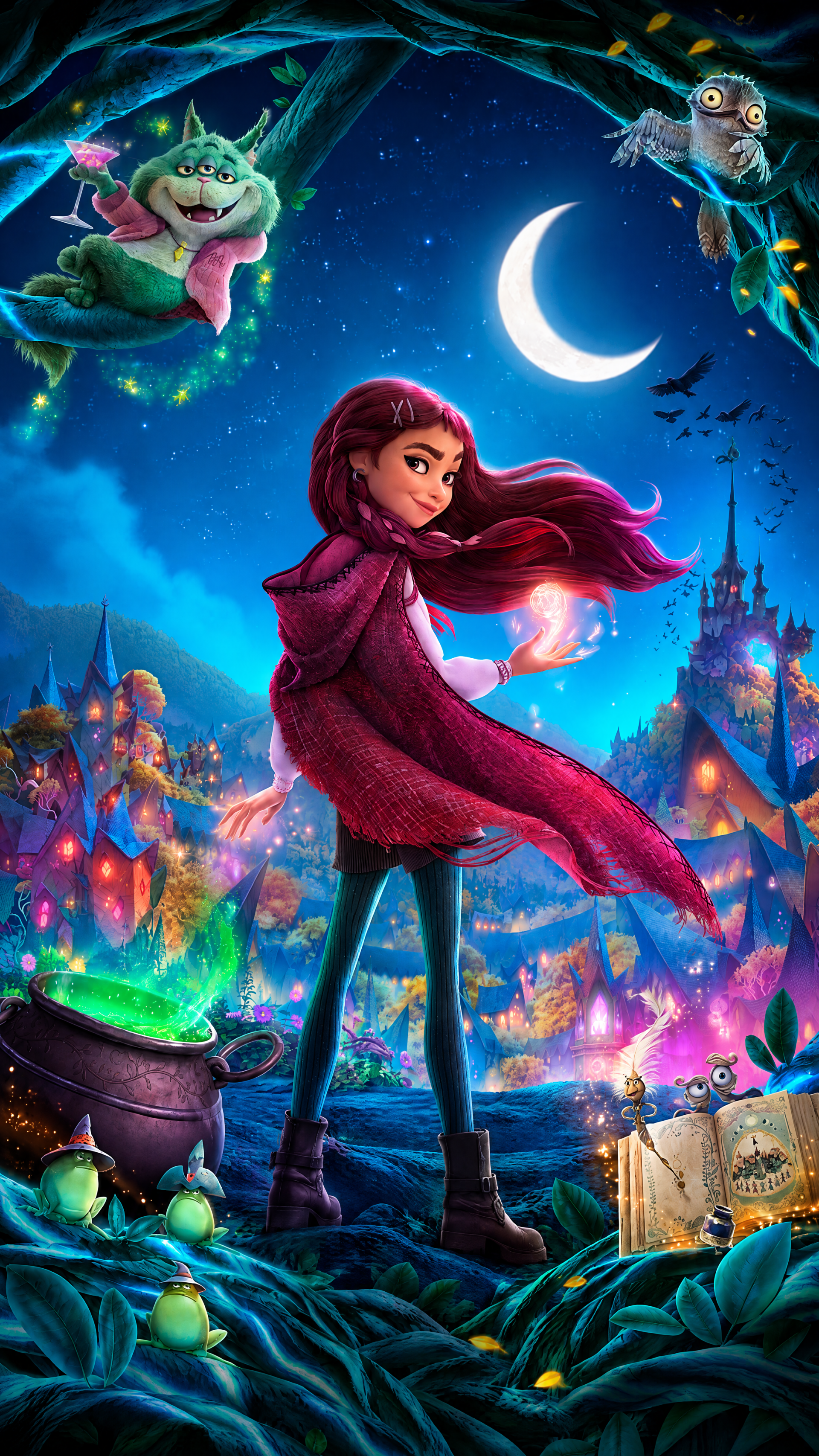 Disney’s Hexed (2026) iPhone wallpaper featuring a red-haired witch casting magic beneath a crescent moon in an enchanted city.