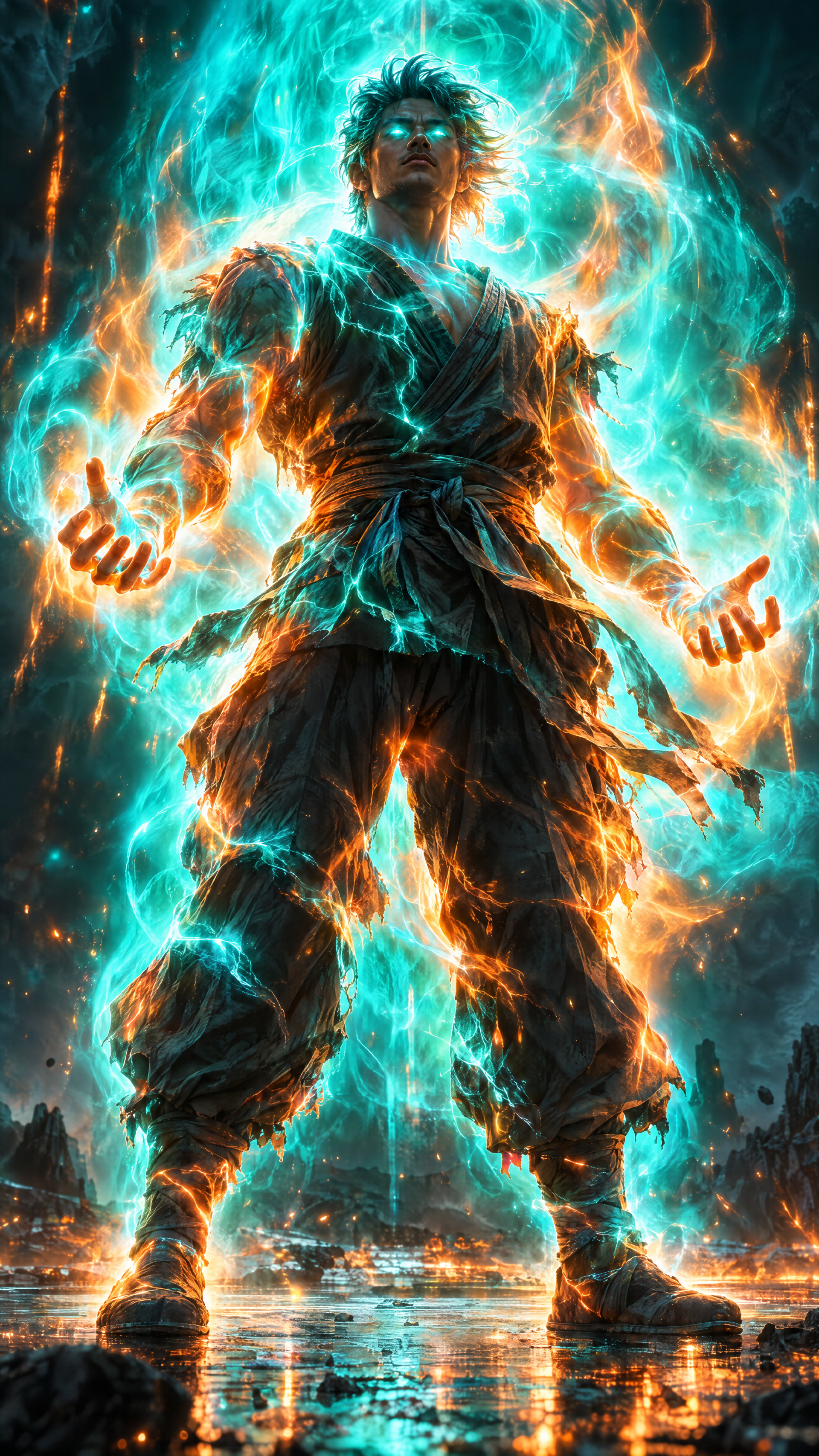 Powerful warrior surrounded by a glowing turquoise aura and fiery lightning, fantasy magic phone wallpaper.