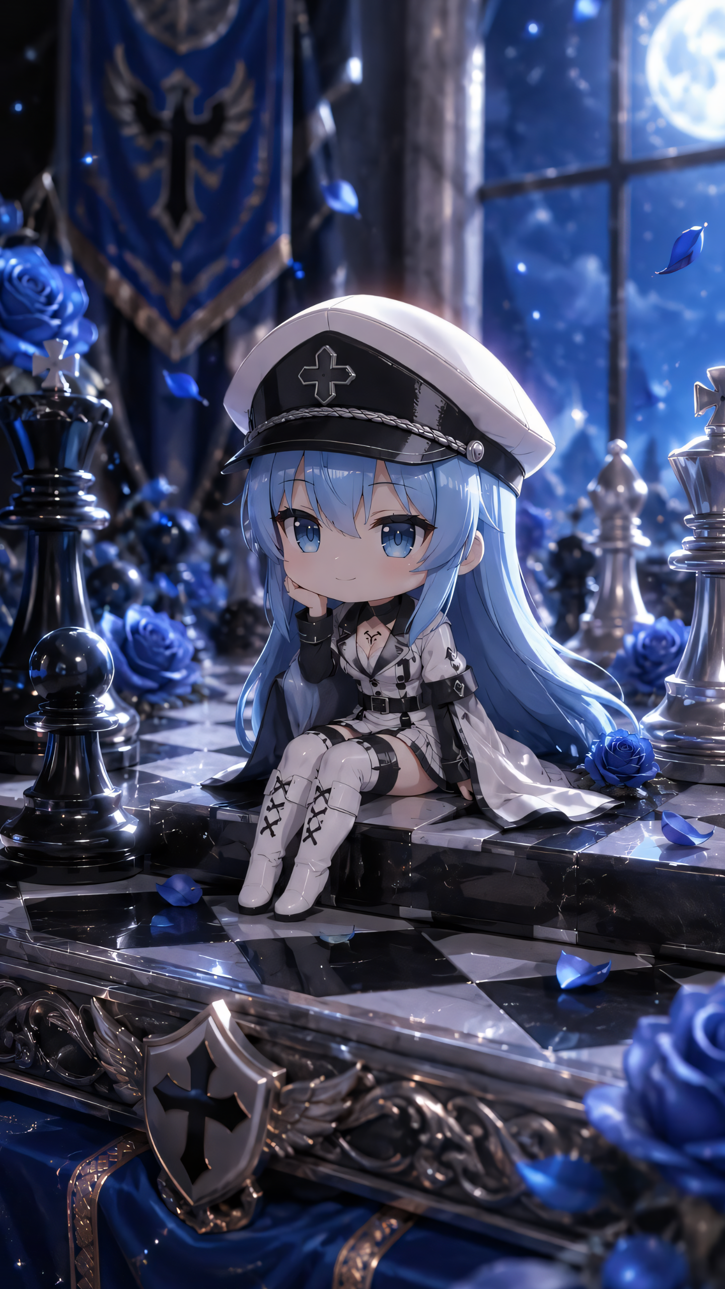 Blue chibi Esdeath from Akame ga Kill! seated among roses and chess pieces in a moonlit iPhone wallpaper.