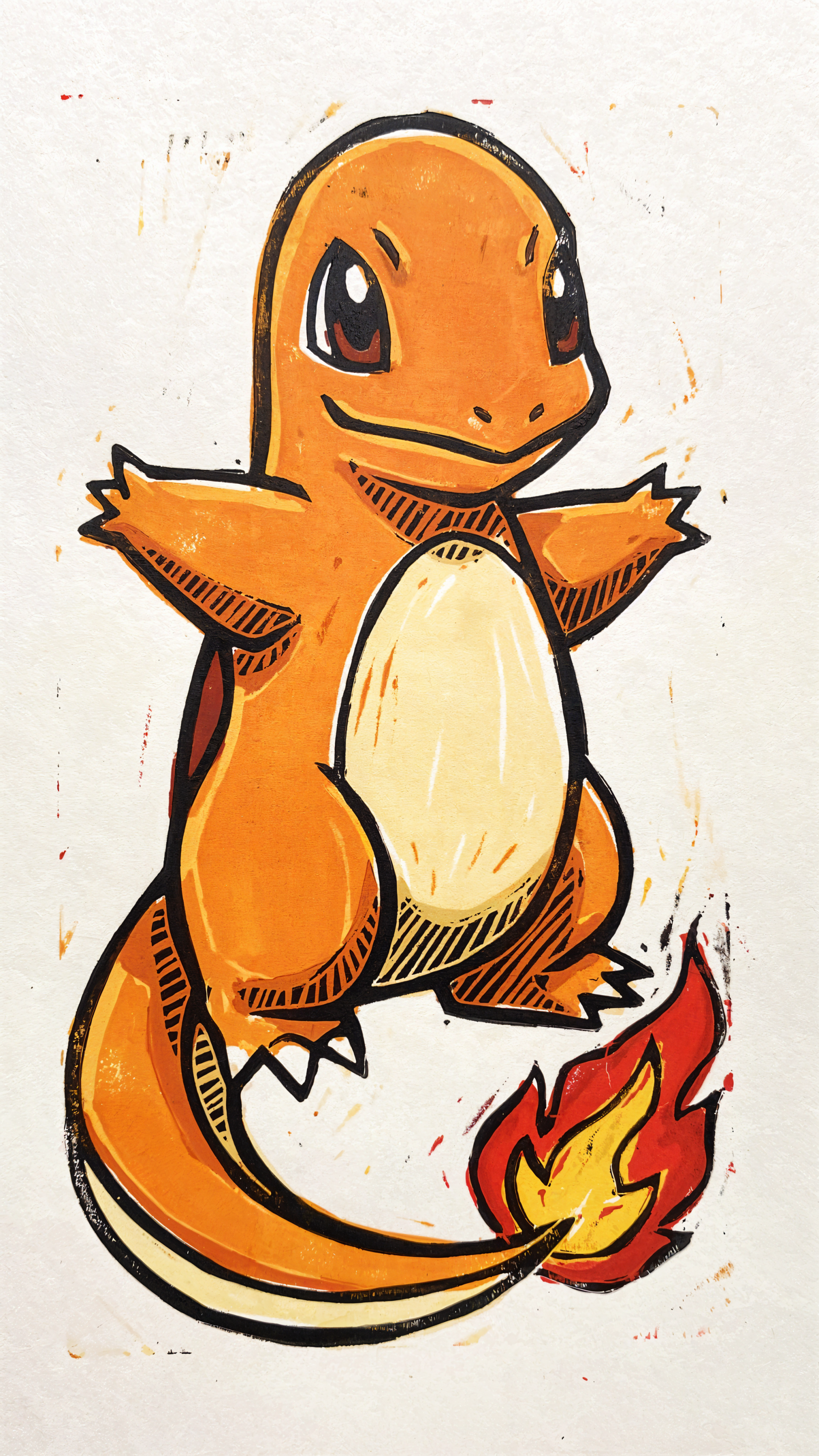 Cartoon Charmander Pokémon phone wallpaper, hand-drawn orange character with a bright flame on its tail.