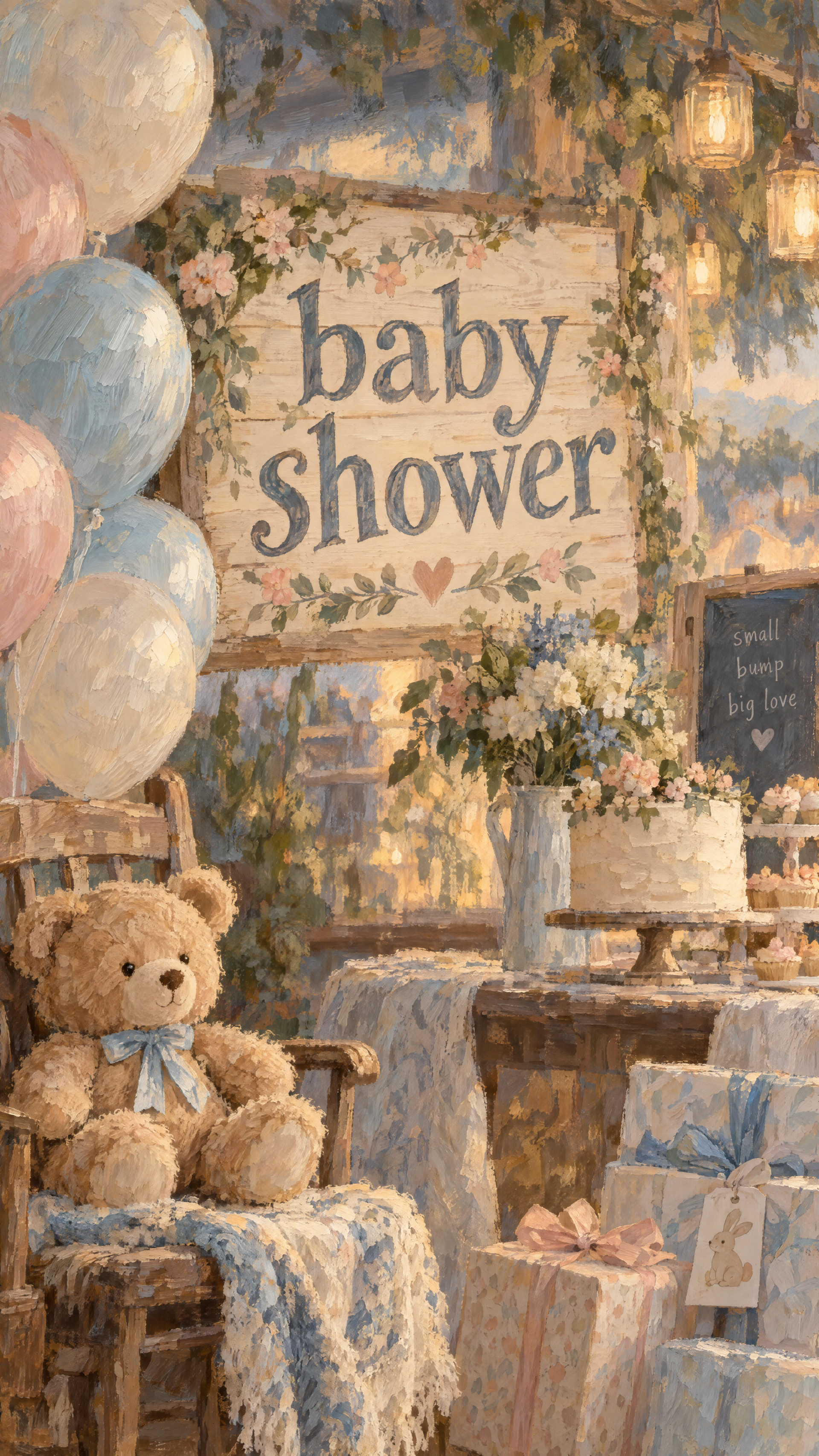 Painterly baby shower party wallpaper with pastel balloons, a teddy bear, flowers, and a rustic celebration sign.